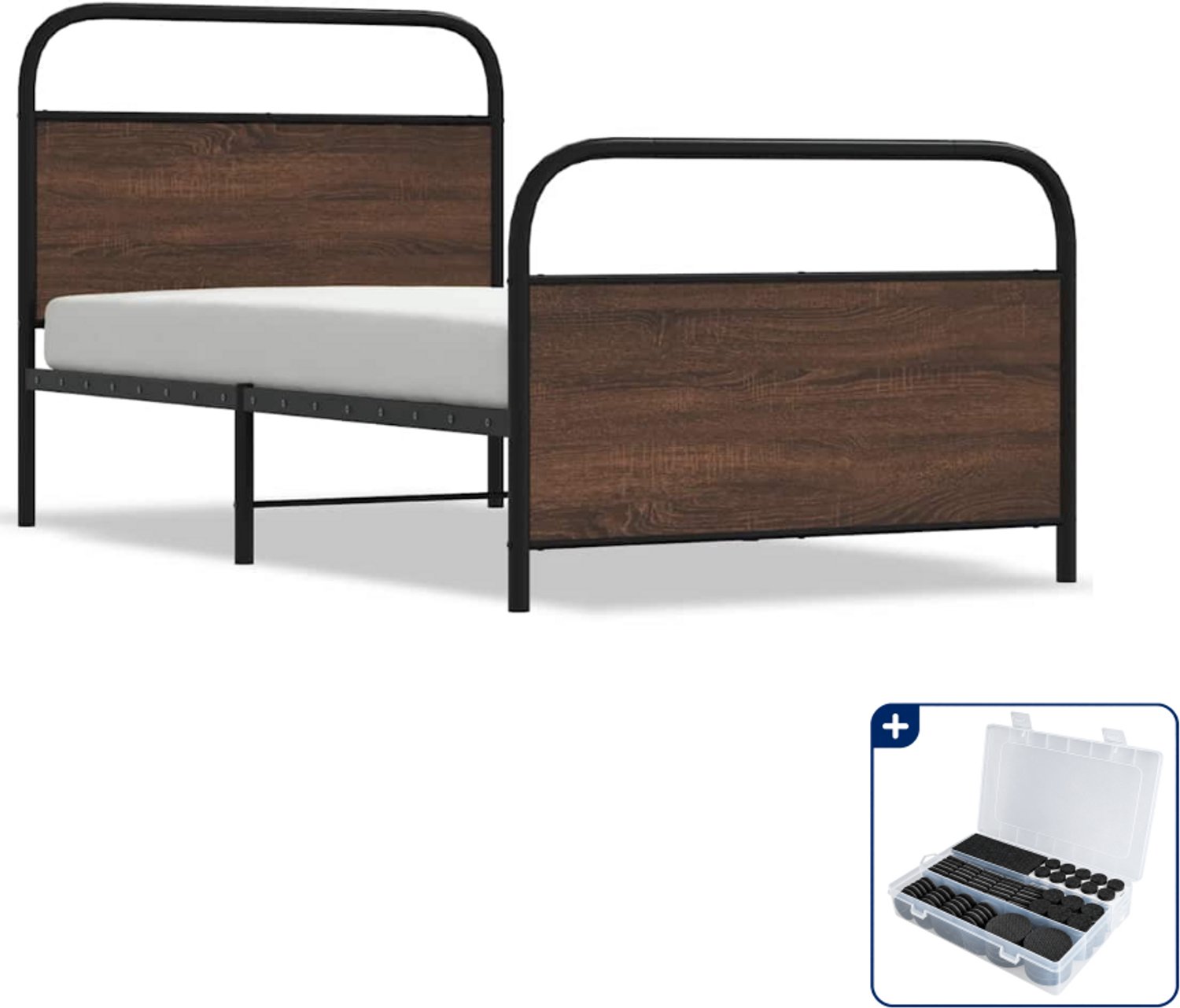 vidaXL bedframe - 90 x 190 cm - staal en bewerkt hout - bruineiken - Inclusief antikrasvilt 177-delig