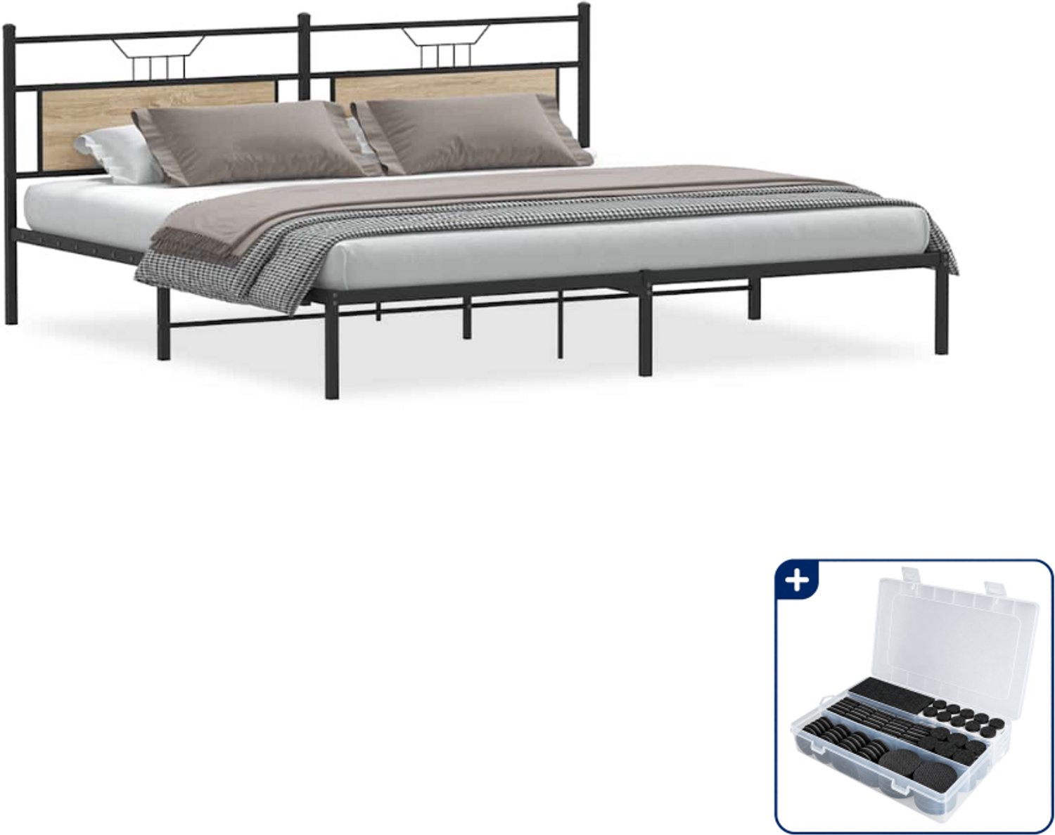 vidaXL Bedframe - 193 x 203 cm - bewerkt hout en staal - sonoma eiken - Inclusief antikrasvilt 177-delig Bruin