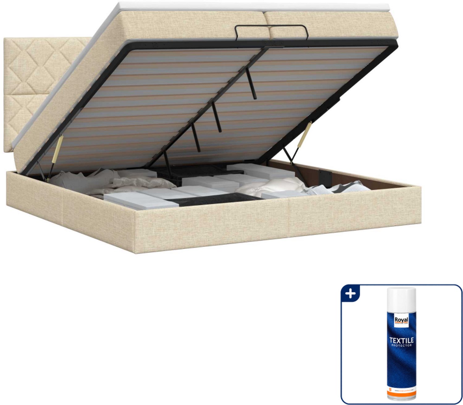 vidaXL Ottoman bed met matras - 200 x 200 cm - crèmekleurig - Inclusief textielbeschermer 500 ml