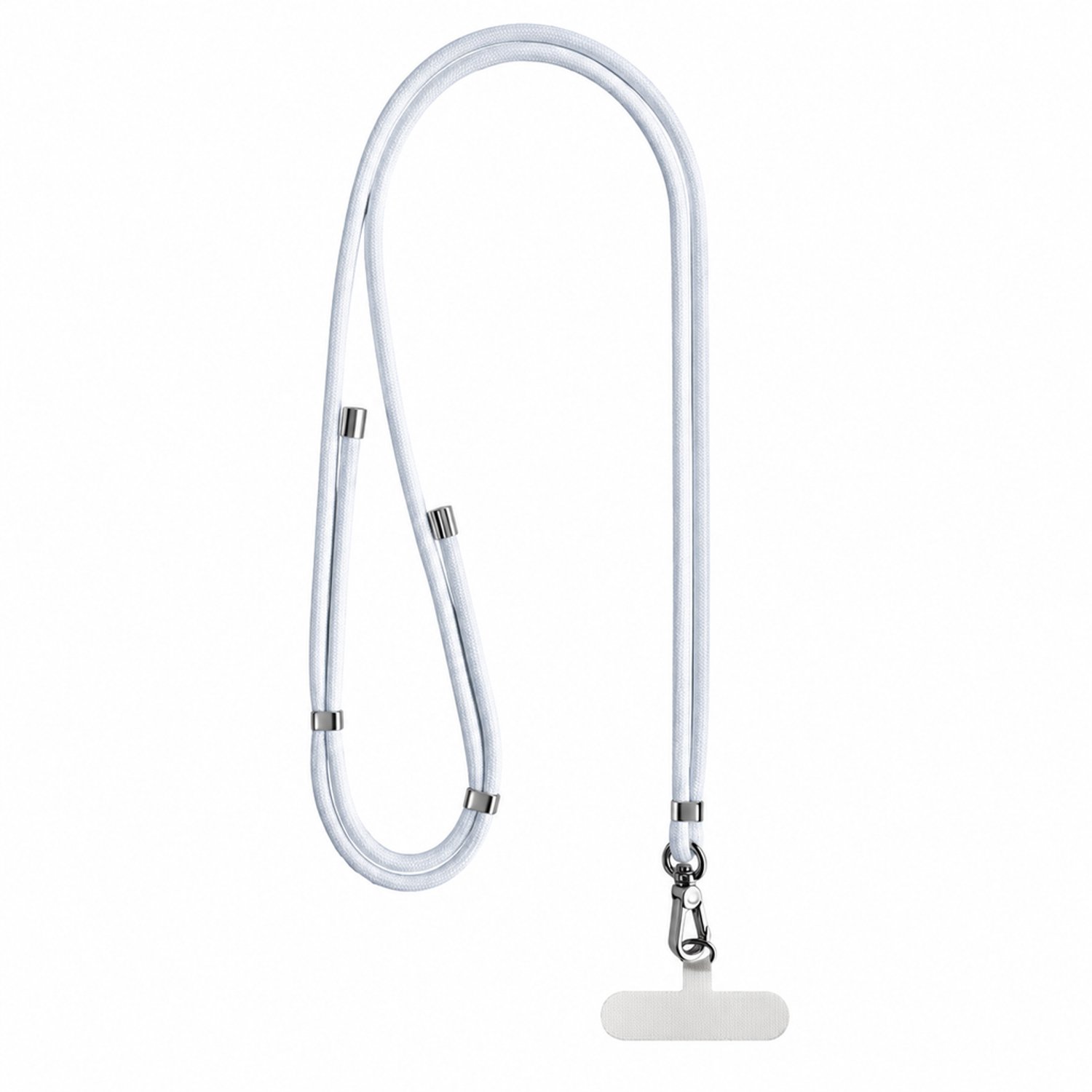 Telefoonkoord wit, 6 mm, polyester met metalen clip en bevestigingsplaatje, voor om de nek of schuin dragen, individueel verpakt