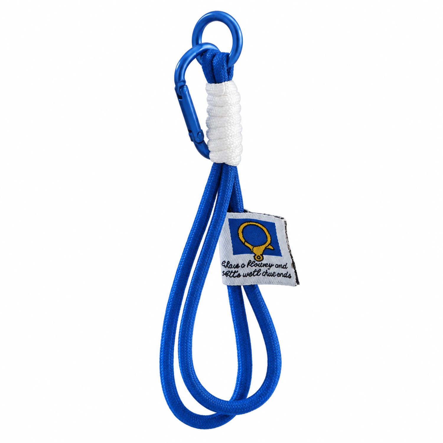 Sleutelhanger blauw met handgevlochten polyester polskoord, ring en karabijnhaak, witte koordwikkeling