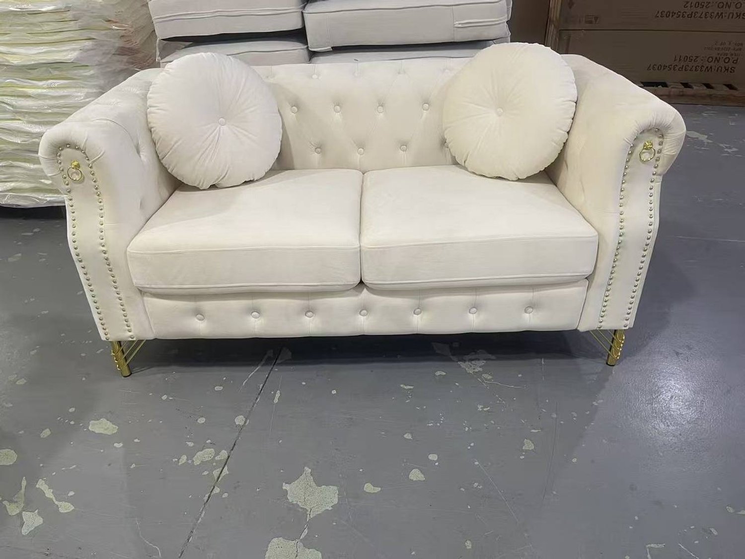 MIVRAY Chesterfield Bank 2-Zits - Gecapitonneerd met Siernagels en Ringen - Voor Woonkamer en Kantoor - Fluweel en Metaal - Beige