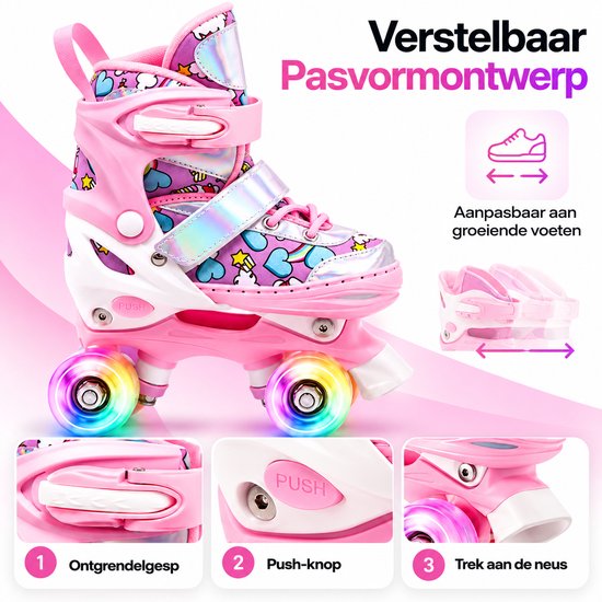 Verstelbare roze rolschaats met oplichtende wielen, push-knop voor maatinstelling en ontgrendelbare gesp.