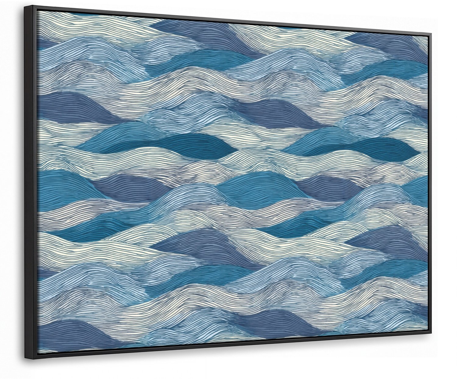 Canvas Schilderij met Baklijst 80x60cm - Getekend - Blauw - Wit - Golvend - Streepjes - Muurdecoratie woonkamer - Slaapkamer decoratie - Kamer accessoires - Schilderijen op canvas met lijst