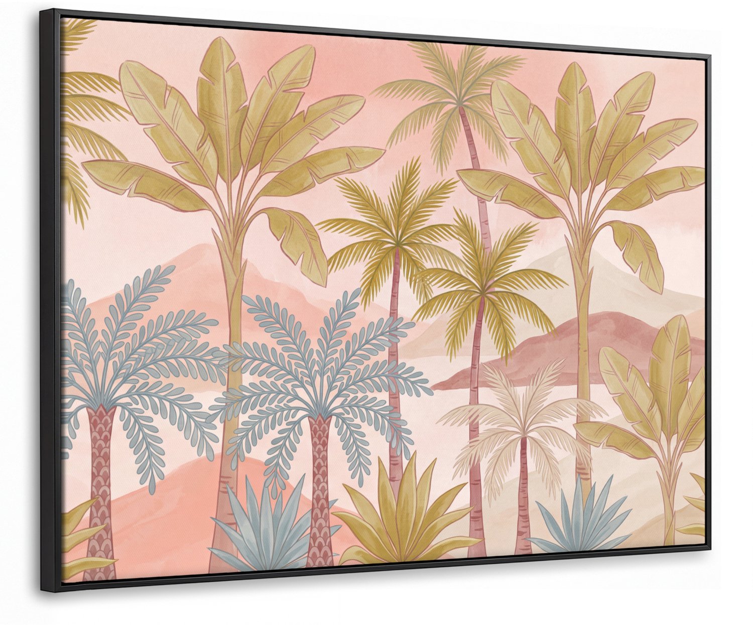 Canvas Schilderij met Baklijst 70x50cm - Illustratie - Palmbomen - Kleurrijk - Muurdecoratie woonkamer - Slaapkamer decoratie - Kamer accessoires - Schilderijen op canvas met lijst