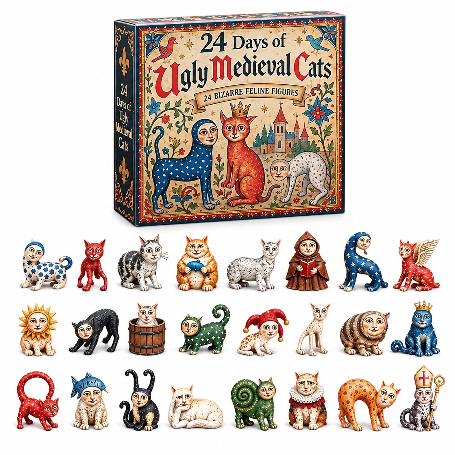 Adventskalender voor 24 dagen met 24 lelijke middeleeuwse kattenfiguren van acryl - Kerstdecoratie in geschenkdoos, geen montage nodig
