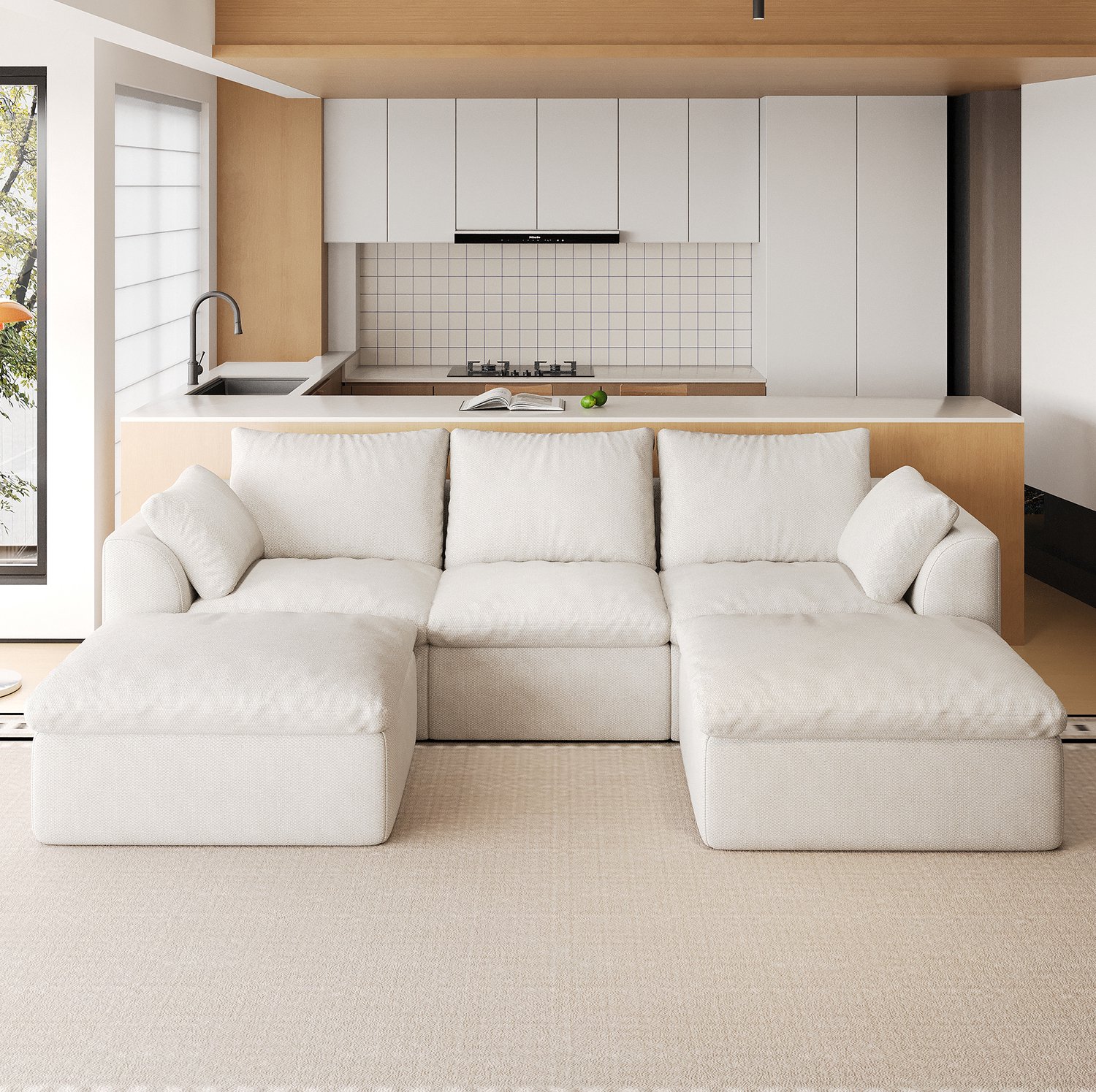 MODENUIT U-Bank 245 x 155 x 83 cm - 5 Zitplaatsen Met Schuimvulling - Woonkamer - Linnen - Beige-Wit