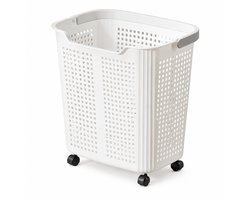 Grote witte wasmand op wielen, 36 x 26 x 33,5 cm, opengewerkte wanden en twee handgrepen, voor wasgoed en speelgoed