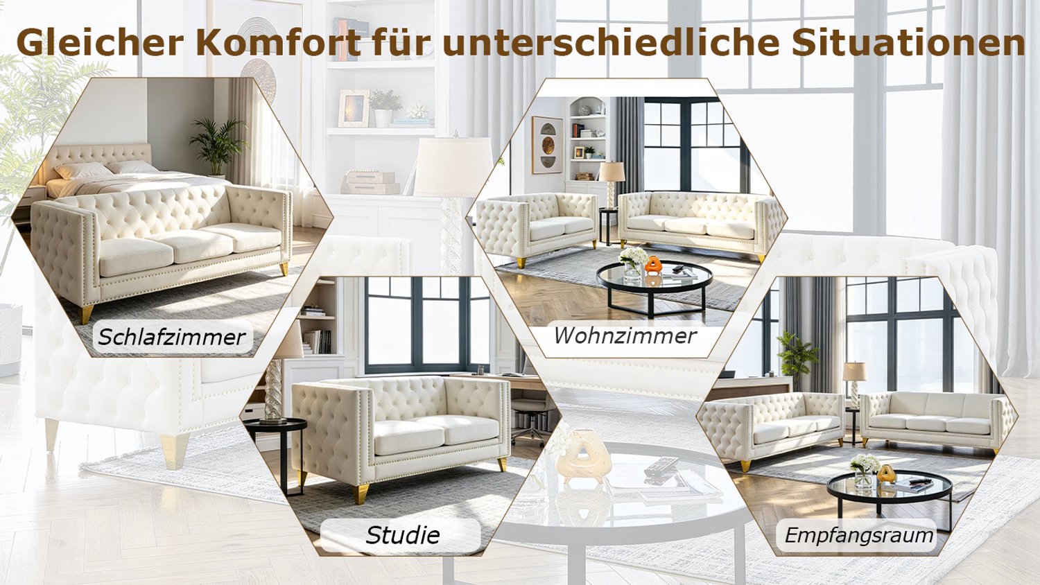 OKWISH Chesterfield Bank 2-Zits - Gecapitonneerd met Goudkleurige Siernagels - Voor Woonkamer en Kantoor - Fluweel en Hout - Beige