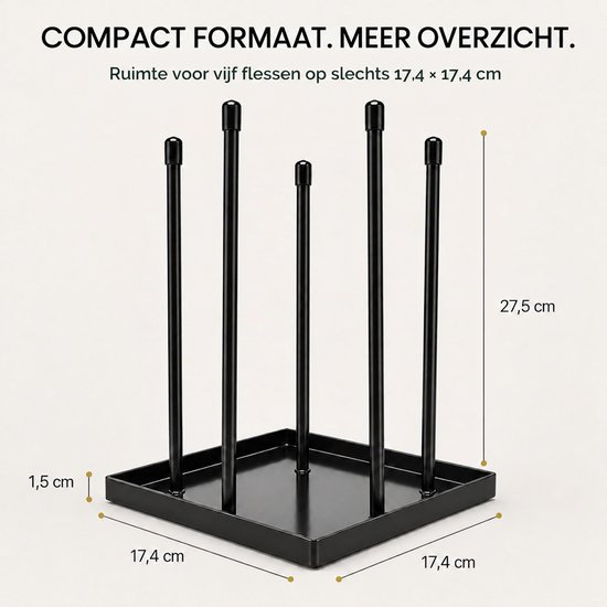 Flessen Droogrek voor Waterflessen - Afdruiprek met 5 Stangen en Opvangbak - Compact Flessenrek voor Keuken — afbeelding 3