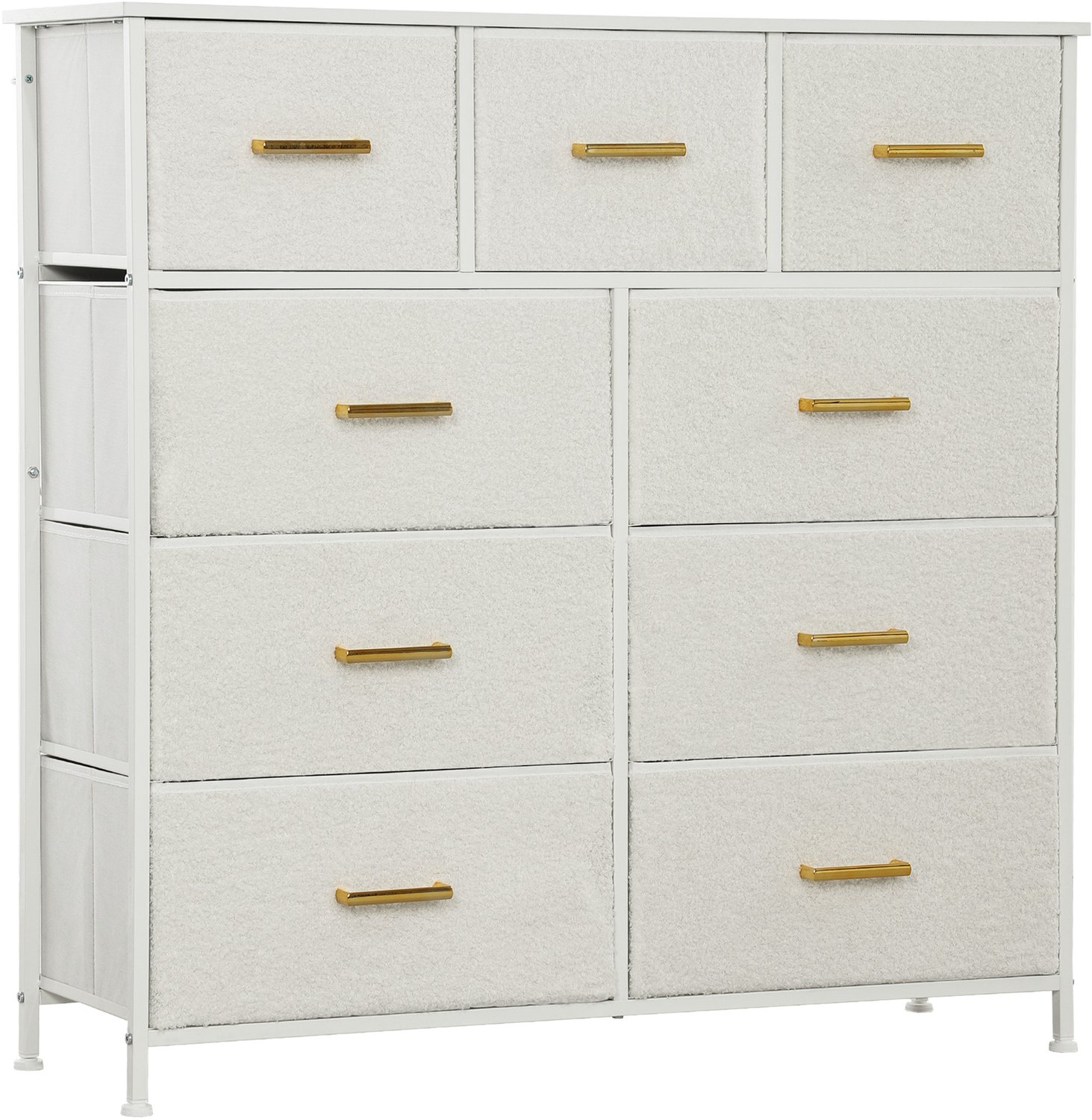 Lunpog Stoffen Kommode Wit met 9 Lades en Stalen Frame - Ladekast met Gouden Handgrepen voor Slaapkamer en Woonkamer - Elegante Opbergkast Cremeweiß
