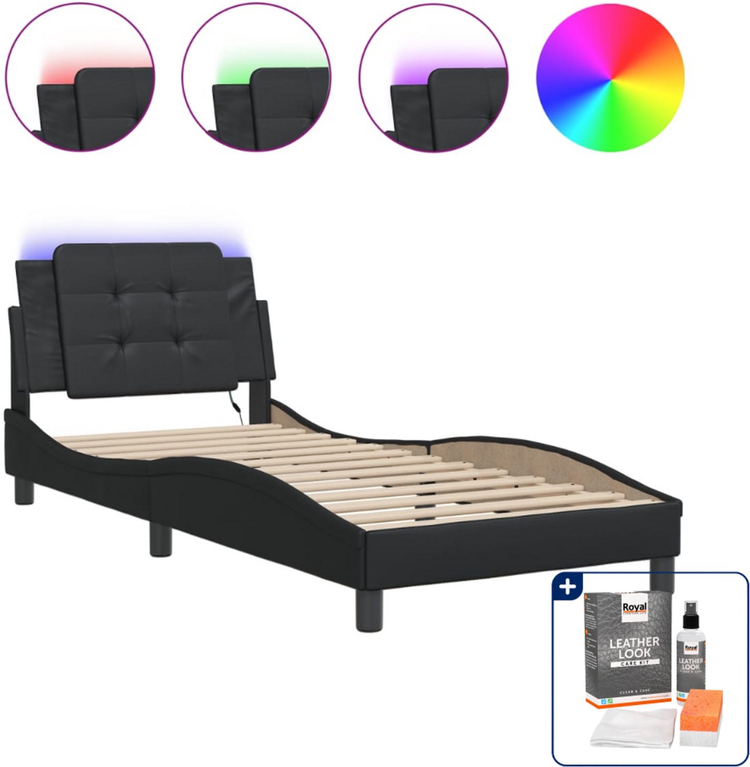 vidaXL Zadar bedframe met LED - 90 x 200 cm - zwart - Inclusief onderhoudsset voor kunstleer 150 ml