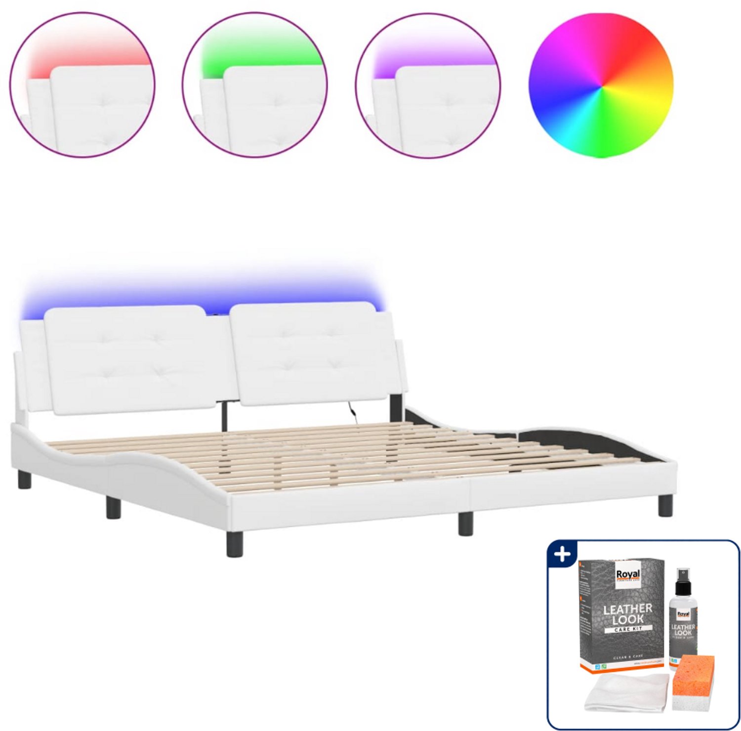 vidaXL Zadar bedframe met LED - 200 x 200 cm - wit - Inclusief onderhoudsset voor kunstleer 150 ml