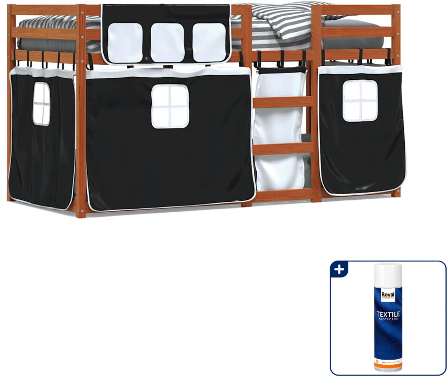 vidaXL stapelbed met gordijnen - 80 x 200 cm - grenenhout - wasbruin - Inclusief textielbeschermer 500 ml