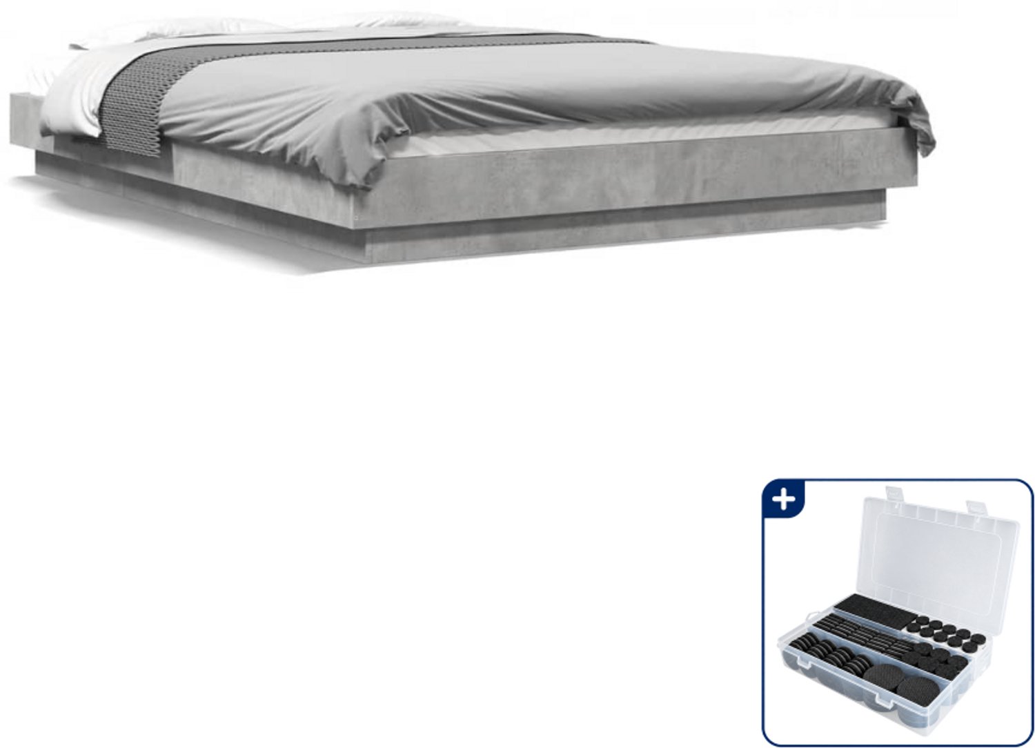 vidaXL bedframe met LED - 135 x 190 cm - bewerkt hout - betongrijs - Inclusief antikrasvilt 177-delig