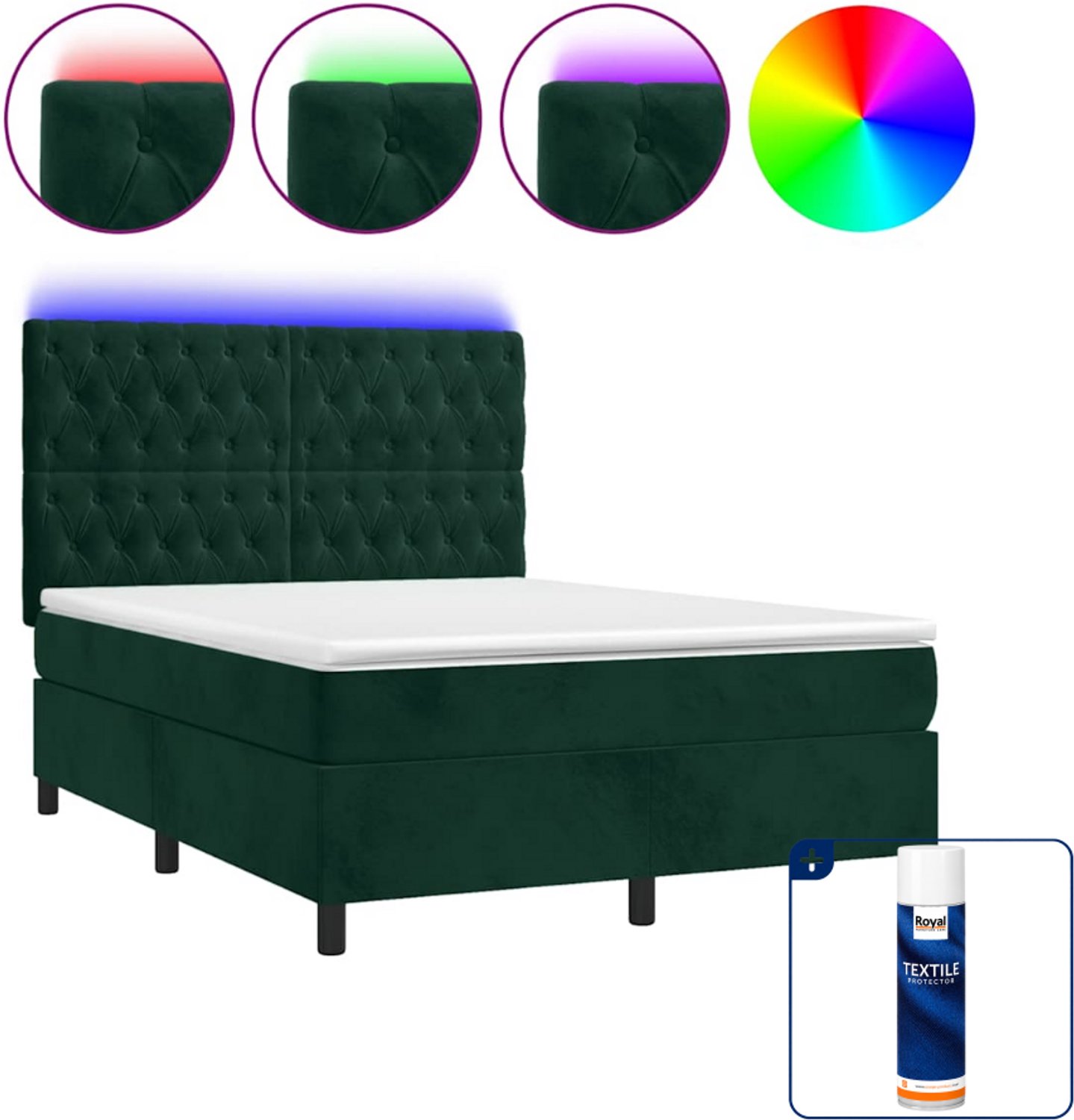 vidaXL boxspring met matras en led - 140 x 190 cm - fluweel - donkergroen - Inclusief textielbeschermer 500 ml