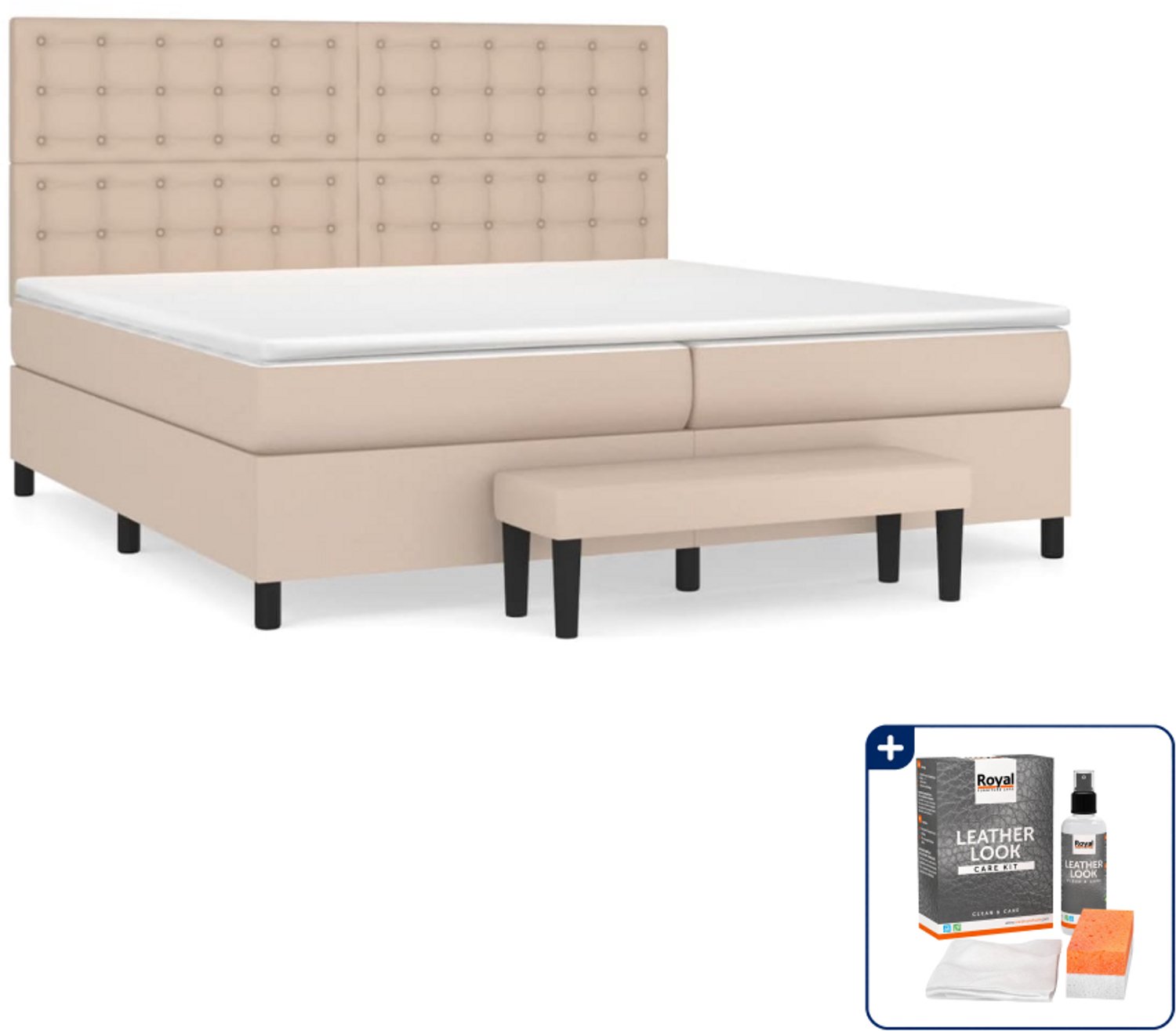 vidaXL boxspring met matras - super kingsize - 200x200 cm - cappuccino - Inclusief onderhoudsset voor kunstleer 150 ml Bruin