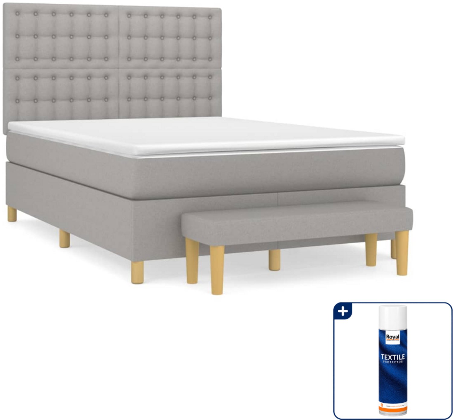 vidaXL Boxspring met matras en bankje - Small double - 140x200 cm - lichtgrijs - Inclusief textielbeschermer 500 ml