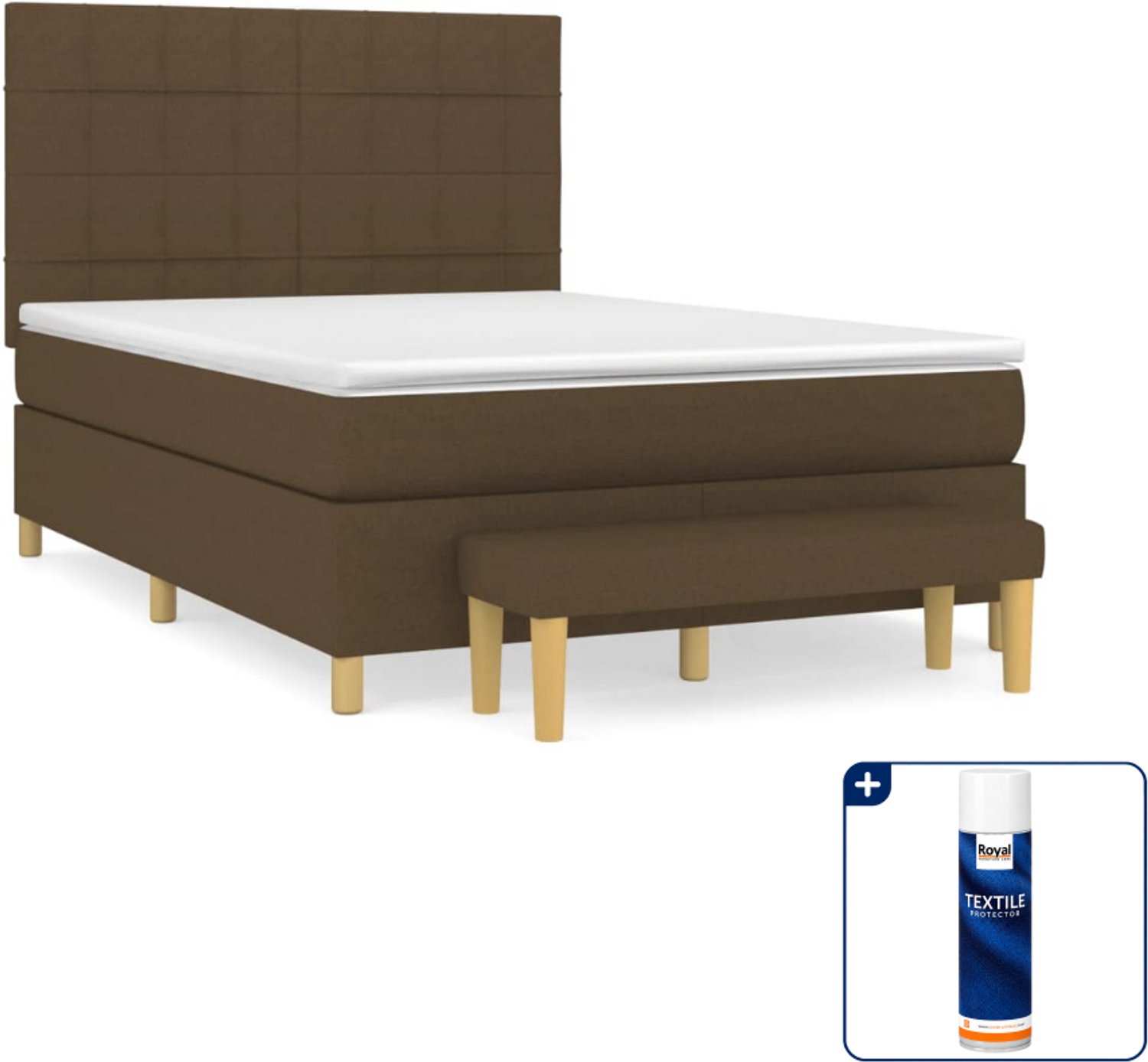 vidaXL boxspring met matras en bankje - 140 x 190 cm - donkerbruin - Inclusief textielbeschermer 500 ml