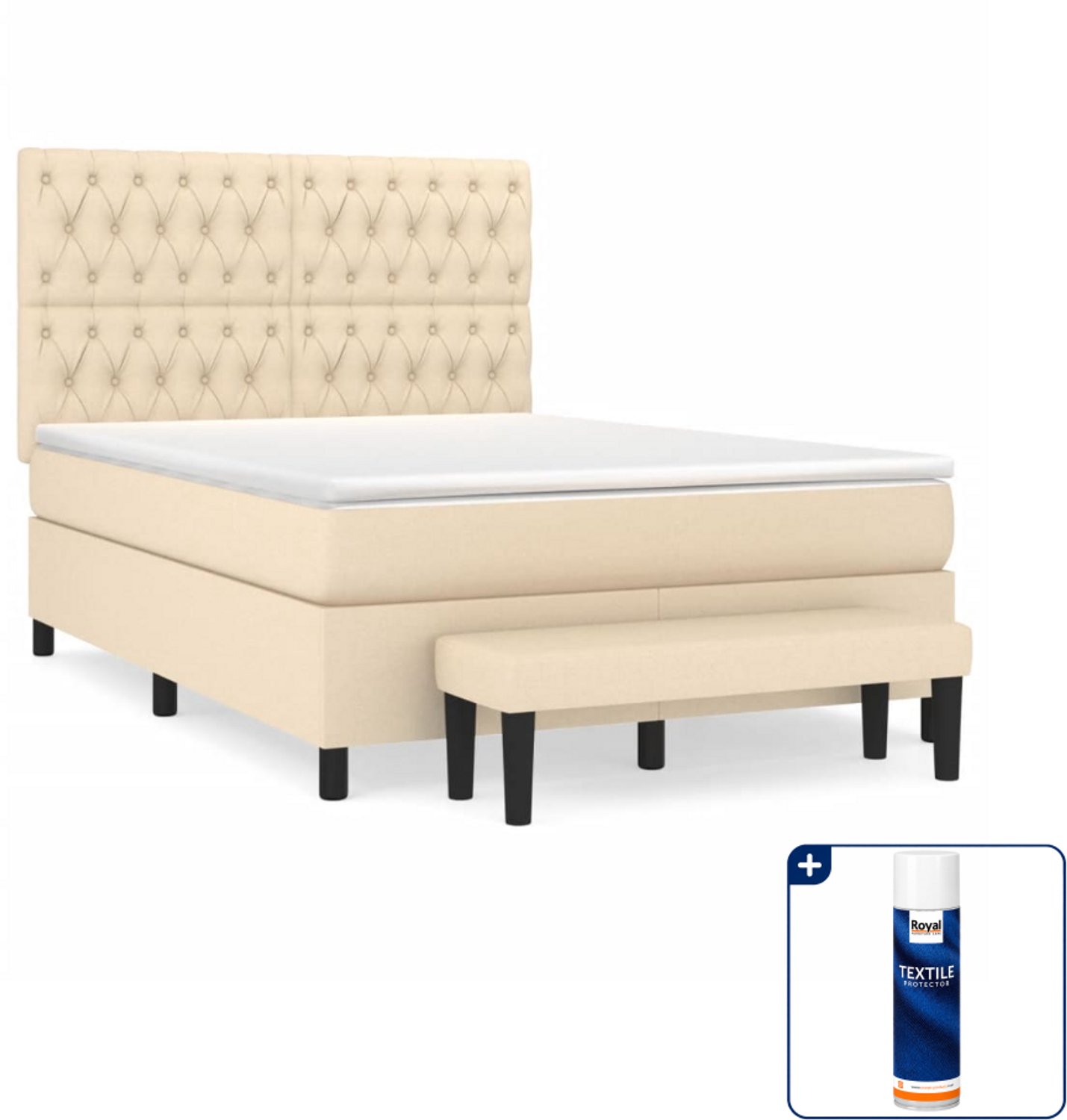 vidaXL boxspring met matras en bankje - 140 x 190 cm - crème - Inclusief textielbeschermer 500 ml