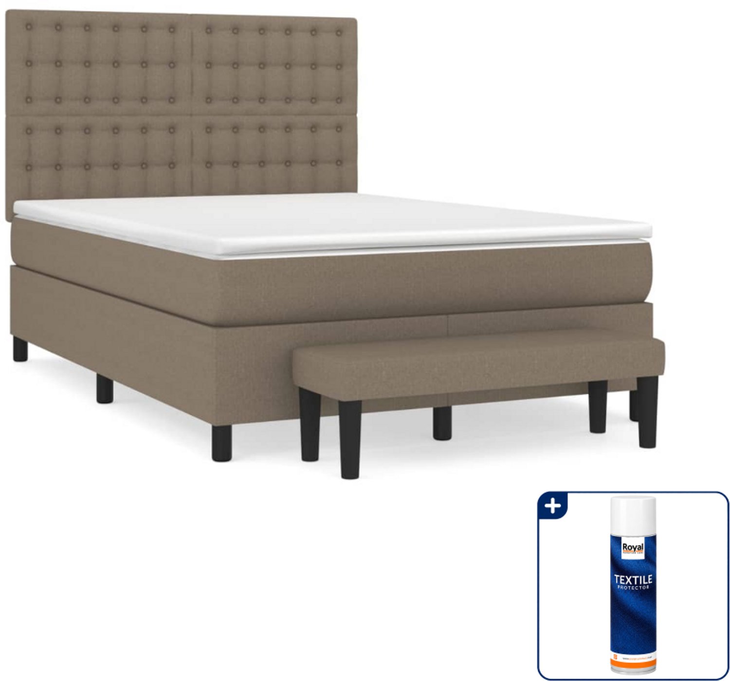 vidaXL boxspring met matras en bankje - Small double - 140 x 200 cm - taupe - Inclusief textielbeschermer 500 ml