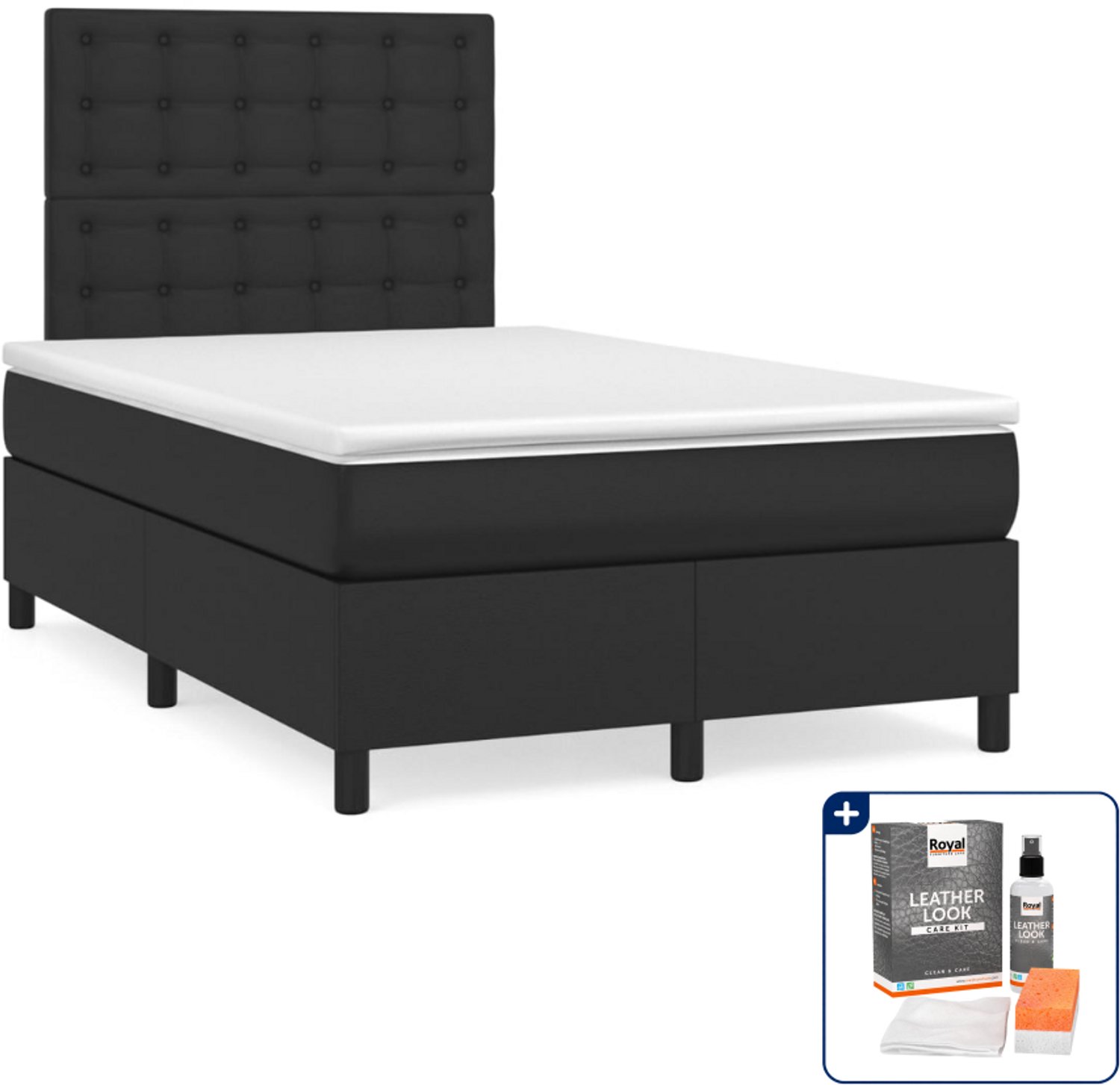vidaXL boxspring met matras 120 x 200 cm - kunstleer - zwart - Inclusief onderhoudsset voor kunstleer 150 ml