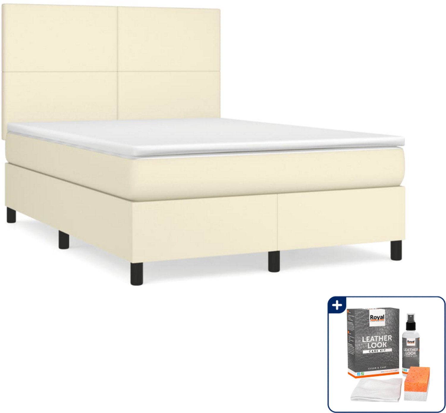 vidaXL boxspring met matras 140 x 190 cm - kunstleer - crème - Inclusief onderhoudsset voor kunstleer 150 ml