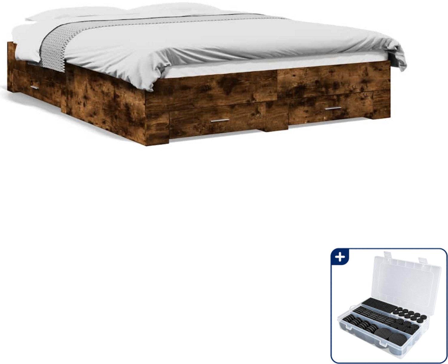 vidaXL bedframe - 150 x 200 cm - bewerkt hout - gerookt eiken - Inclusief antikrasvilt 177-delig Bruin