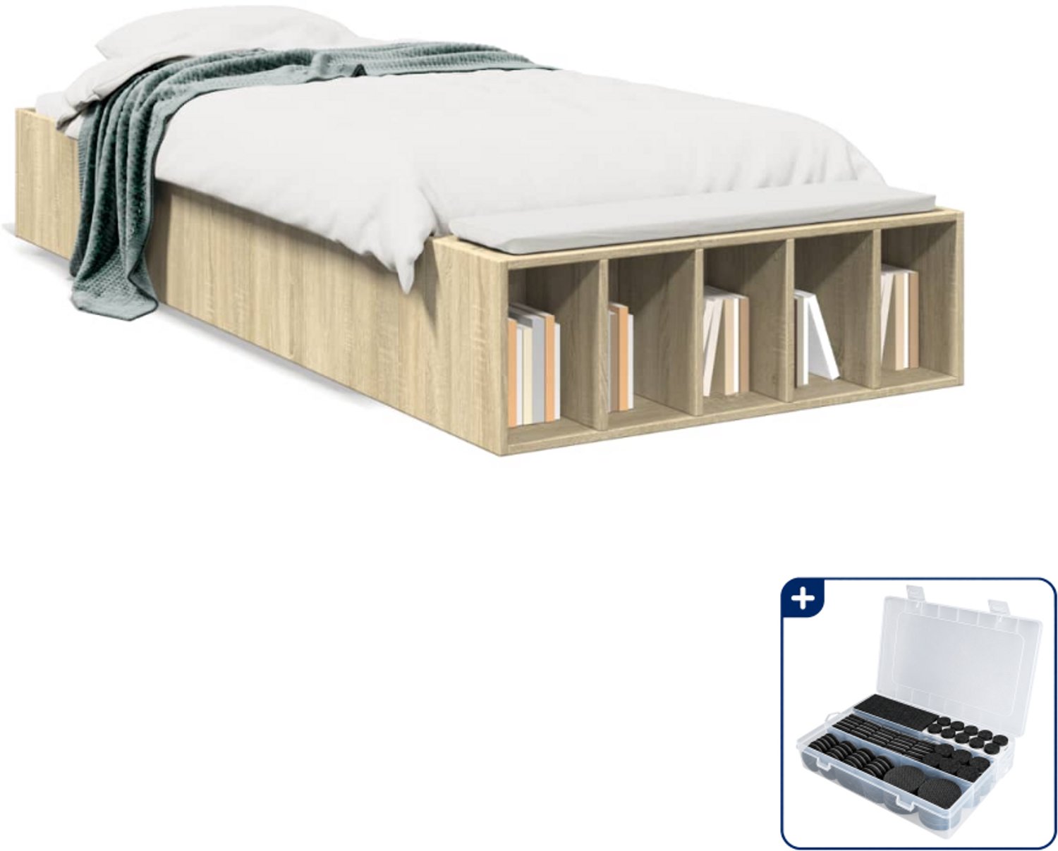 vidaXL bedframe - 75 x 190 cm - bewerkt hout - sonoma eiken - Inclusief antikrasvilt 177-delig Wit