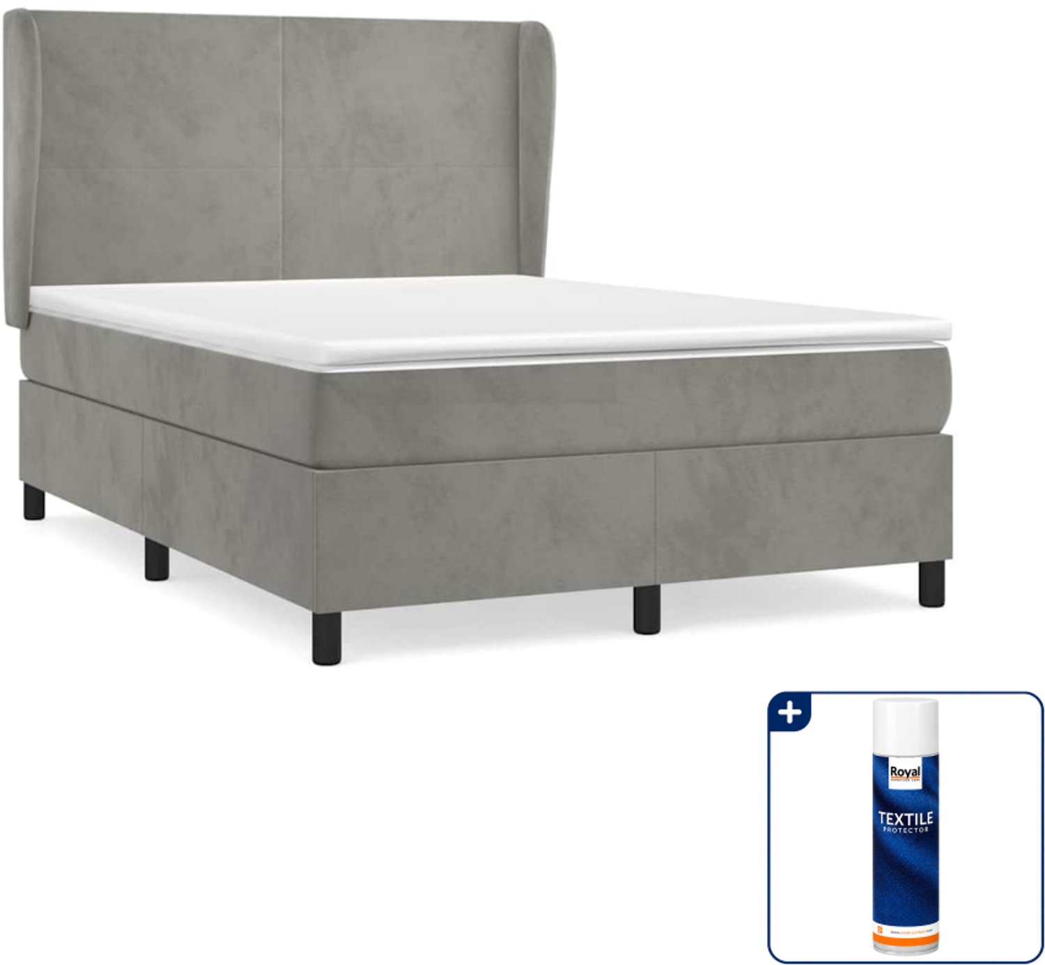 vidaXL boxspring met matras 140 x 190 cm - fluweel - lichtgrijs - Inclusief textielbeschermer 500 ml