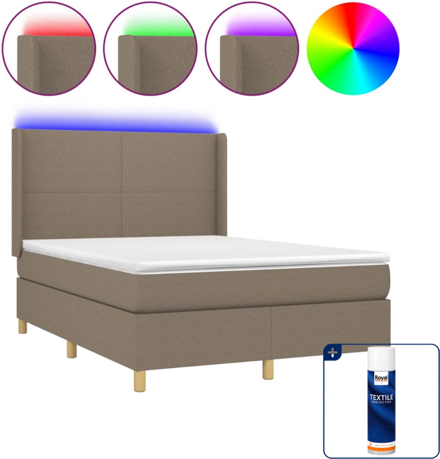vidaXL boxspring met matras en LED - 140 x 190 cm - taupe - Inclusief textielbeschermer 500 ml