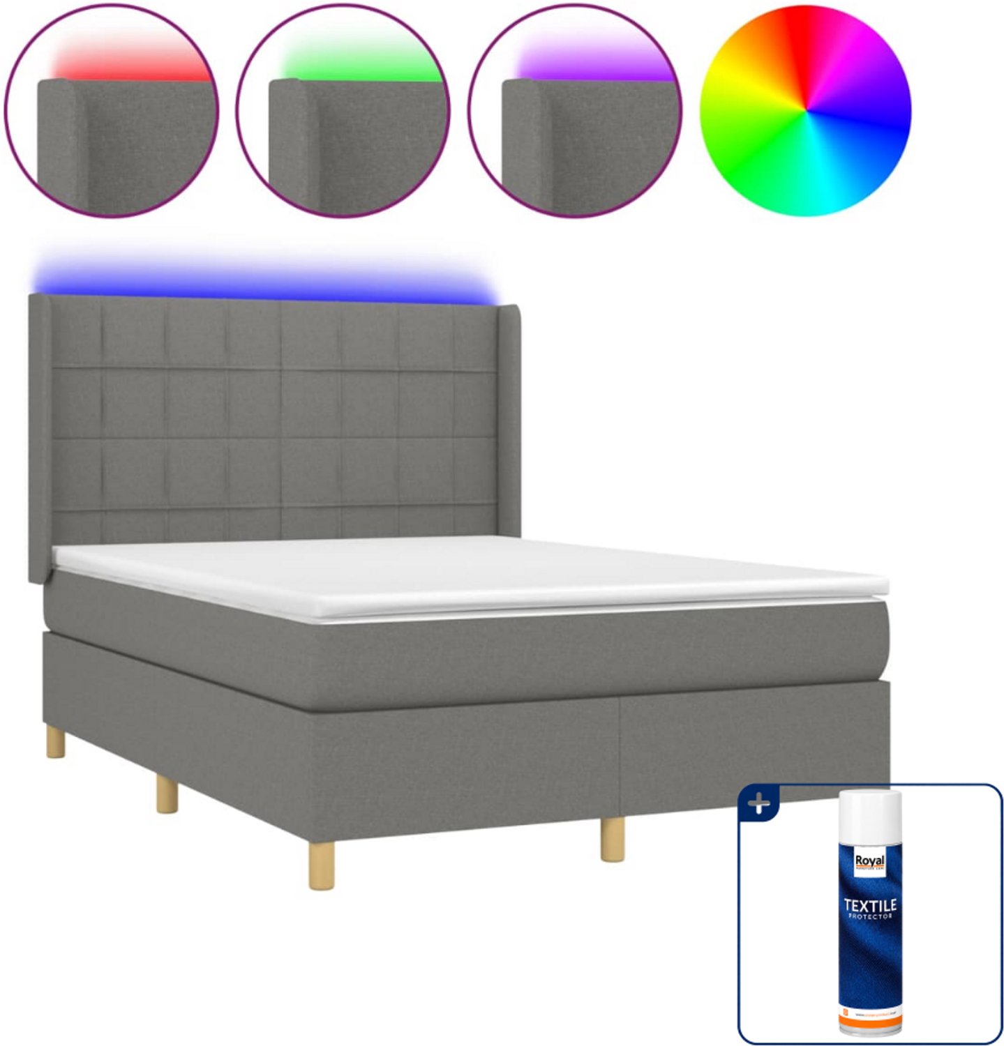 vidaXL boxspring met matras en LED - 140 x 190 cm - donkergrijs - Inclusief textielbeschermer 500 ml
