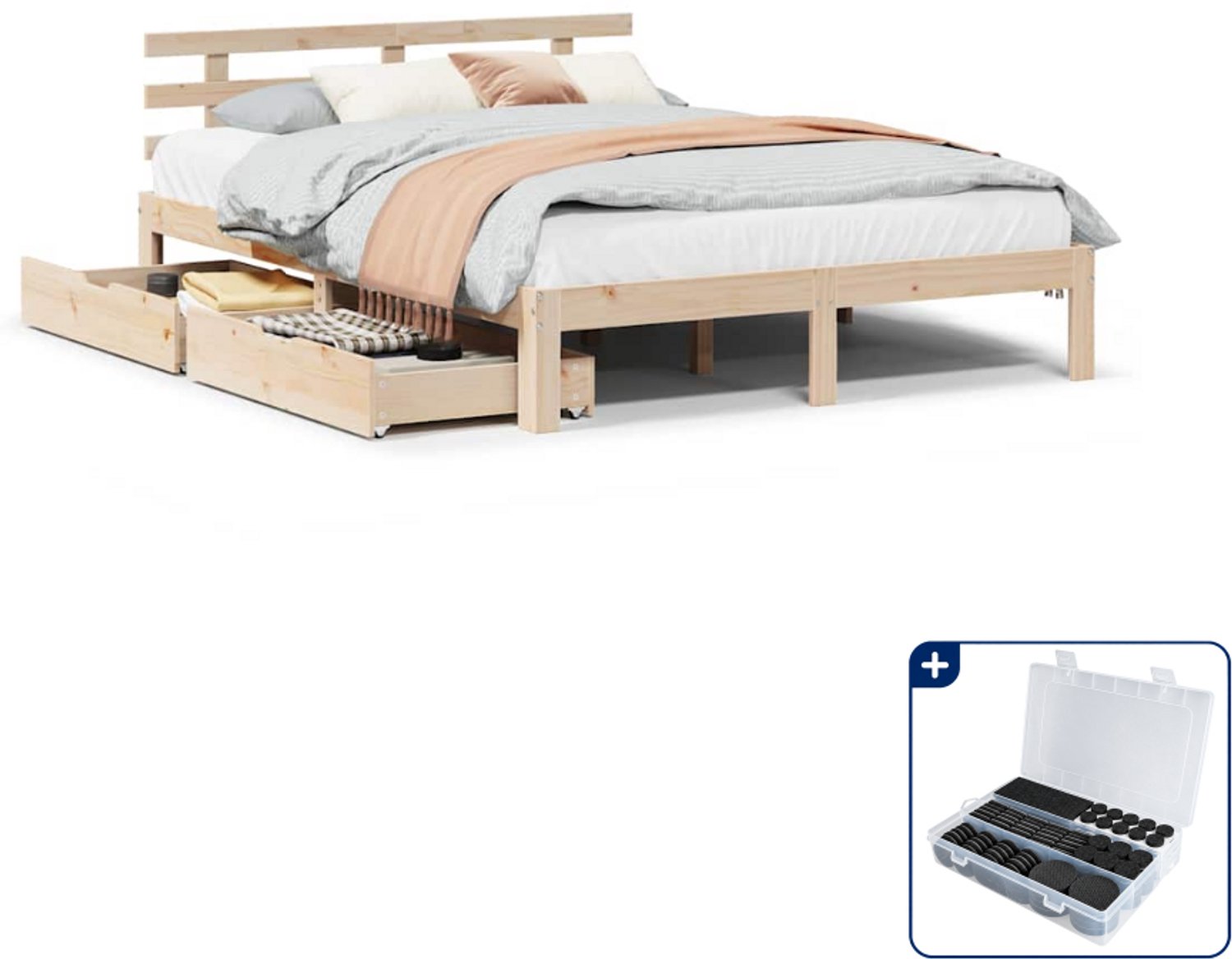 vidaXL bedframe met lades - 150 x 200 cm - massief grenenhout - Inclusief antikrasvilt 177-delig Bruin