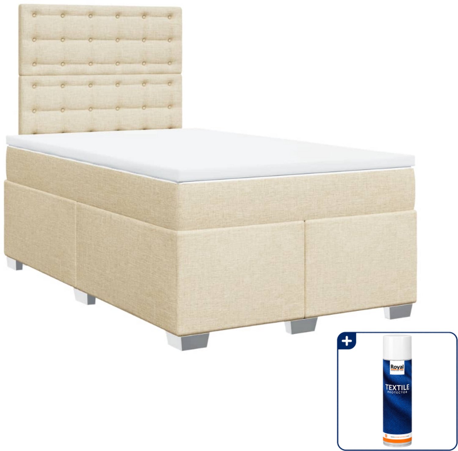 vidaXL boxspring met matras - 120 x 190 cm - stof - crèmekleurig - Inclusief textielbeschermer 500 ml