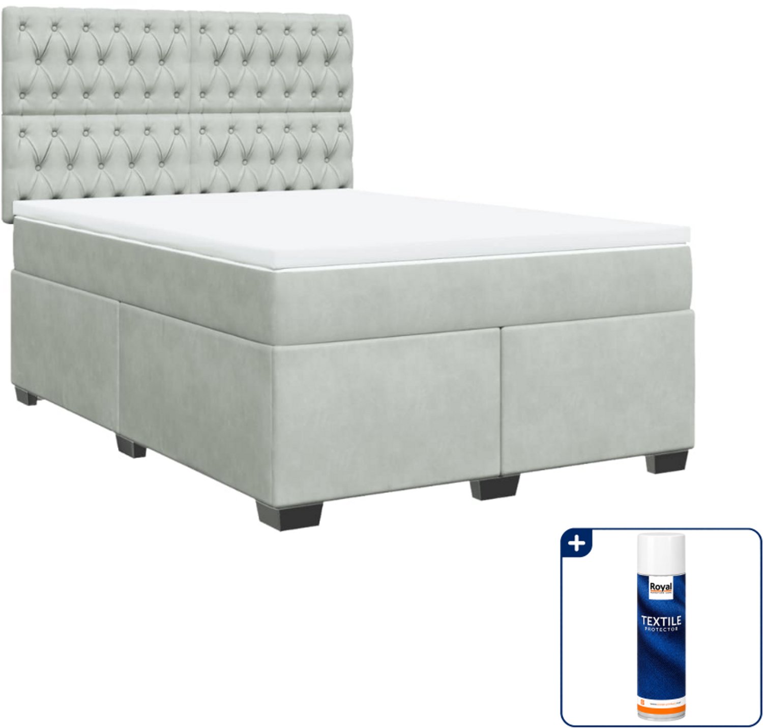 vidaXL boxspring met matras - 140 x 190 cm - fluweel - lichtgrijs - Inclusief textielbeschermer 500 ml
