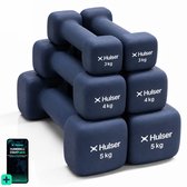 Hulser Dumbbell set 3 t/m 5 kg - Neopreen - Blauw - Met digitale startgids - 2 x 3 kg, 2 x 4 kg en 2 x 5 kg - Gewichten - Fitness halterset - Krachttraining halters