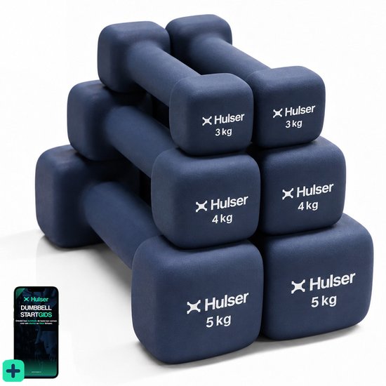 Set van blauwe neopreen dumbbells van 3, 4 en 5 kg met Hulser-logo en digitale startgids.