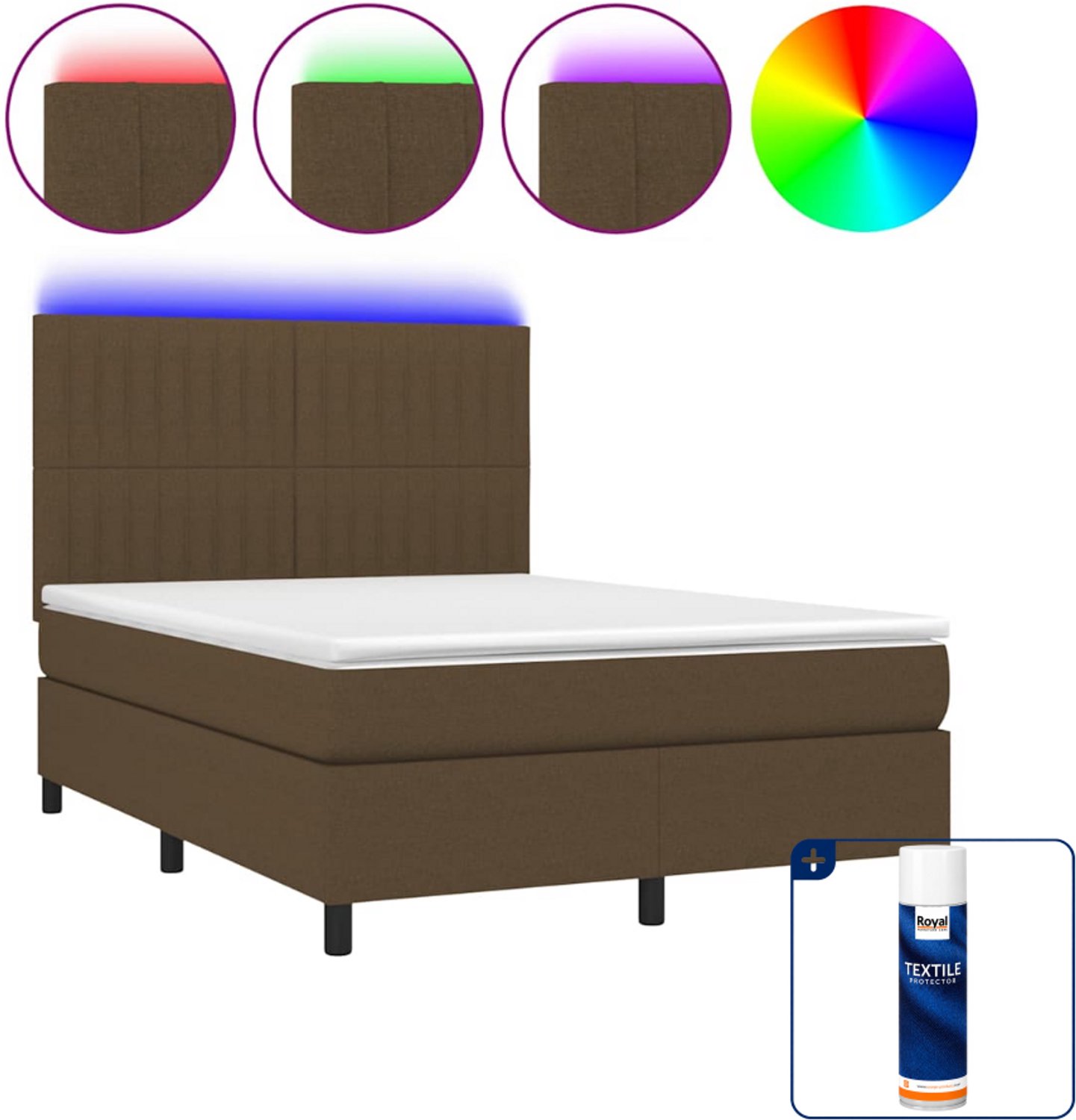 vidaXL boxspring met matras en LED - 140 x 190 cm - donkerbruin - Inclusief textielbeschermer 500 ml