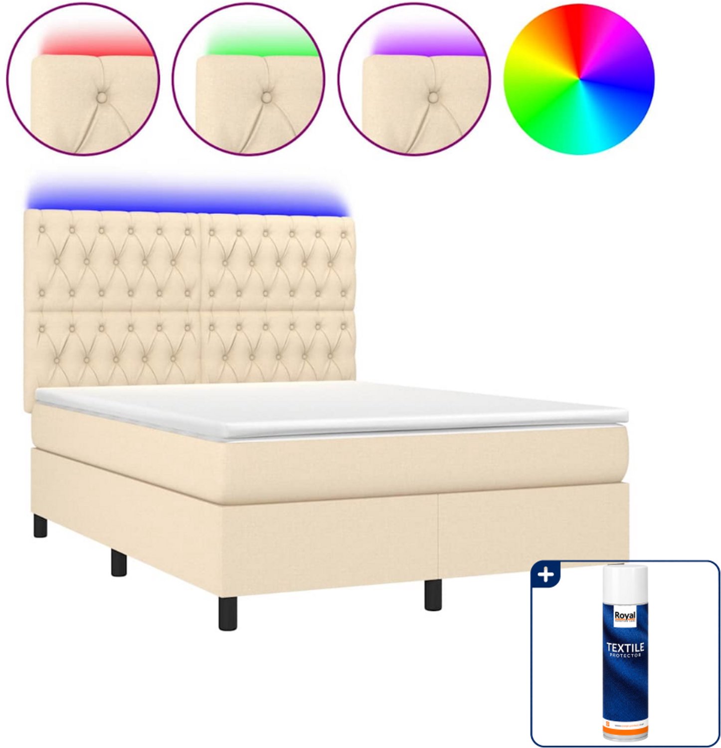 vidaXL boxspring met matras en led - 140 x 190 cm - crèmekleurig - Inclusief textielbeschermer 500 ml
