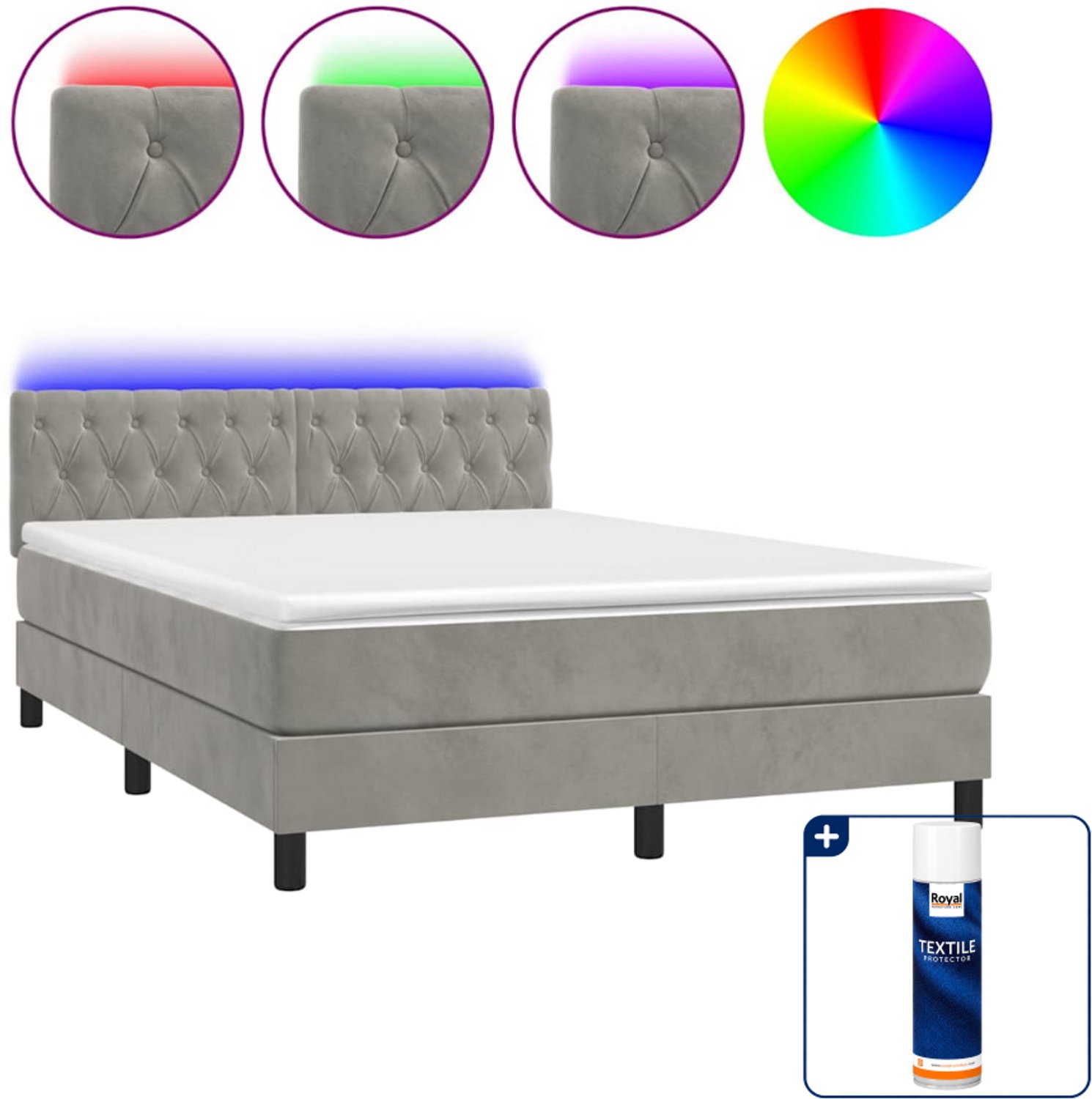 vidaXL boxspring met matras en LED - 140 x 190 cm - fluweel - lichtgrijs - Inclusief textielbeschermer 500 ml