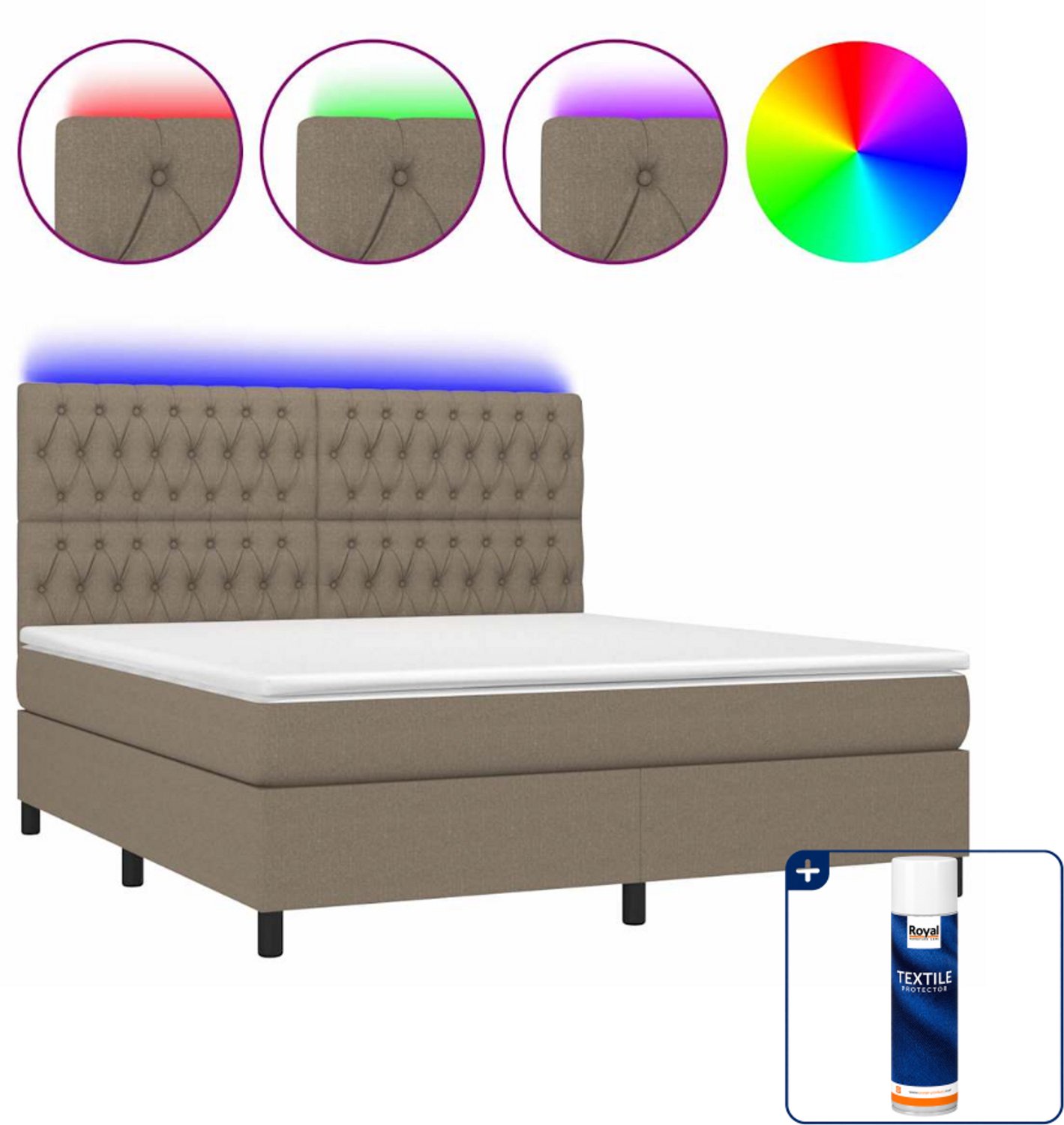 vidaXL Boxspring Kingsize - 180 x 200 cm - LED - stof - taupe - Inclusief textielbeschermer 500 ml