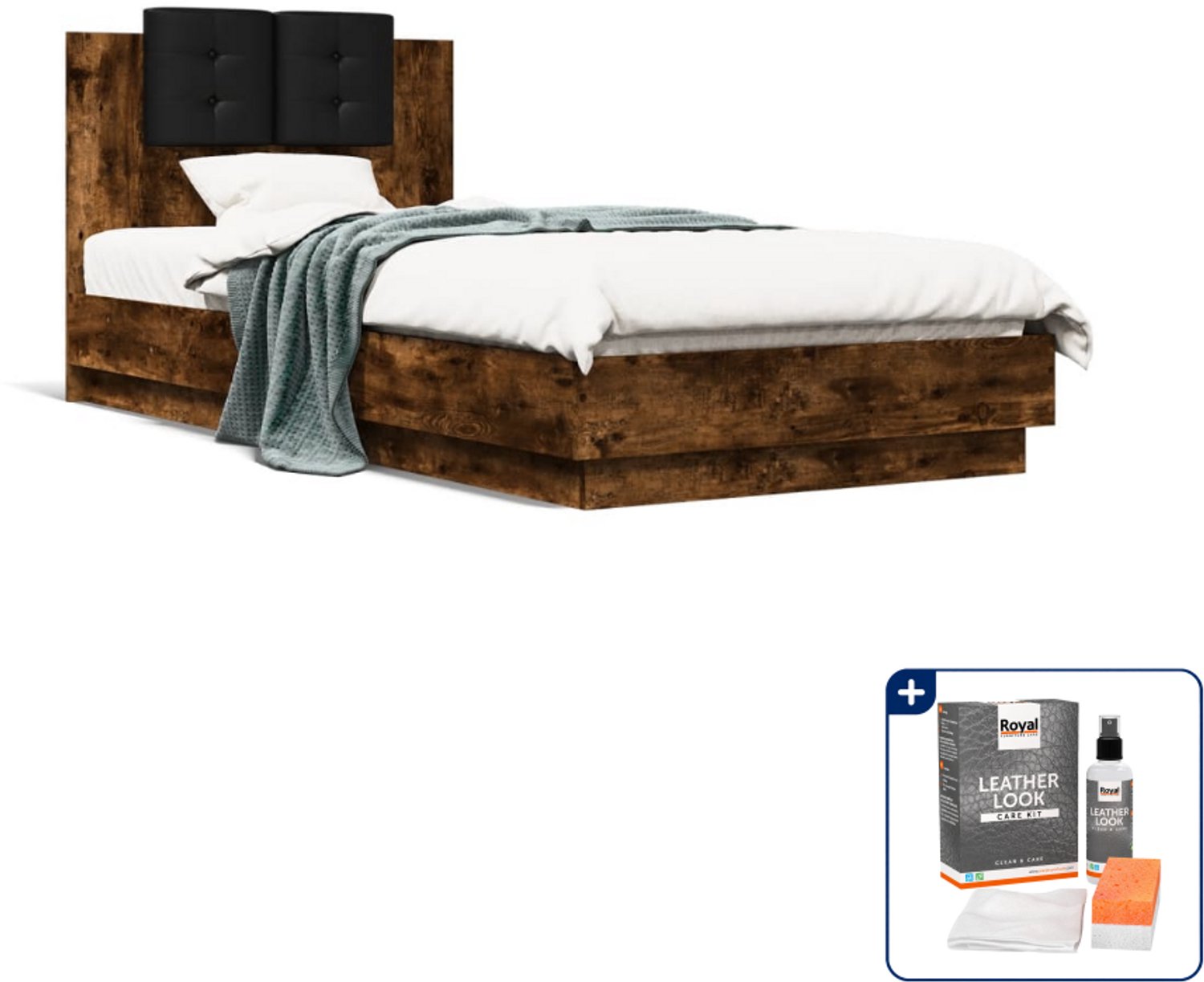 vidaXL bedframe - 100 x 200 cm - bewerkt hout - gerookt eiken - Inclusief onderhoudsset voor kunstleer 150 ml Zwart