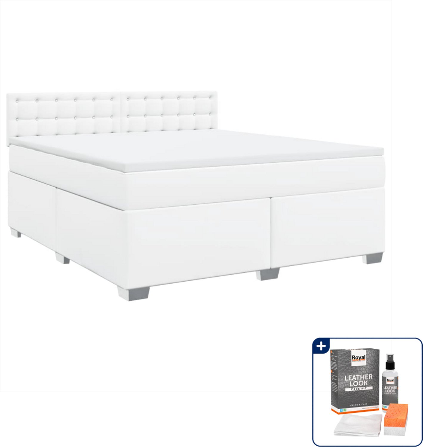vidaXL Kingsize boxspring met matras - 180 x 200 cm - wit - Inclusief onderhoudsset voor kunstleer 150 ml