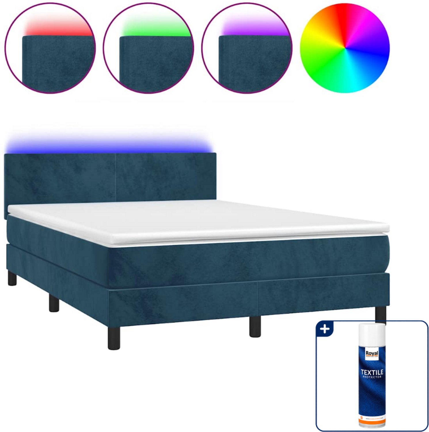vidaXL boxspring met matras en LED - 140 x 190 cm - fluweel - donkerblauw - Inclusief textielbeschermer 500 ml