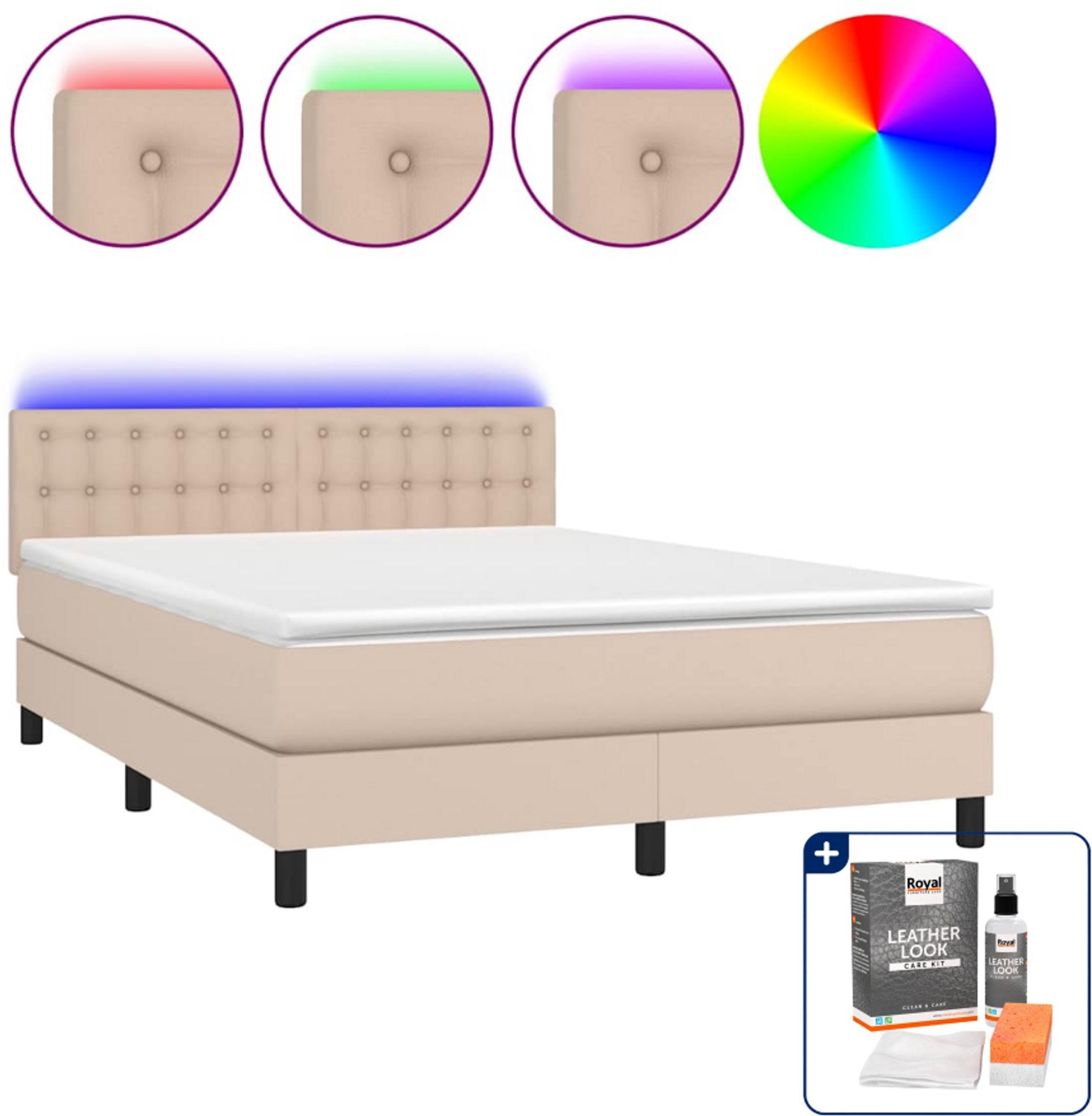 vidaXL boxspring met matras en LED - Small double - 140 x 200 cm - cappuccino - Inclusief onderhoudsset voor kunstleer 150 ml Bruin