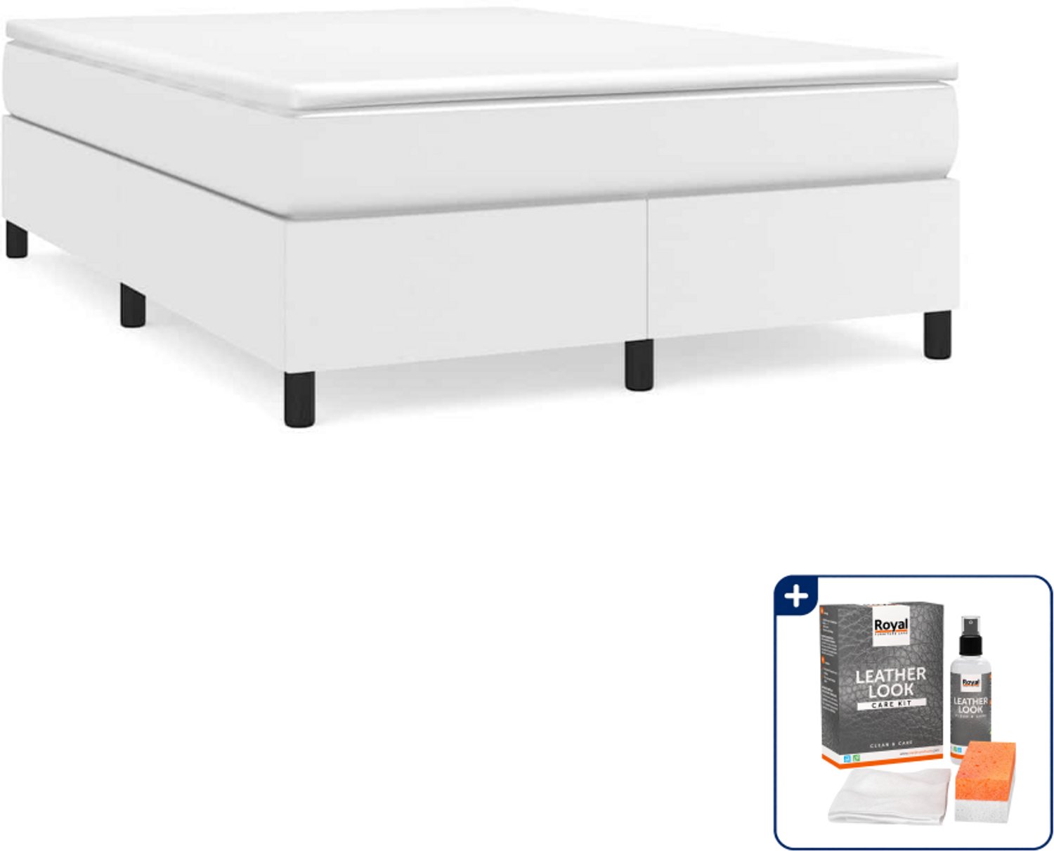 vidaXL boxspring met matras 140 x 190 cm - kunstleer - wit - Inclusief onderhoudsset voor kunstleer 150 ml Zwart