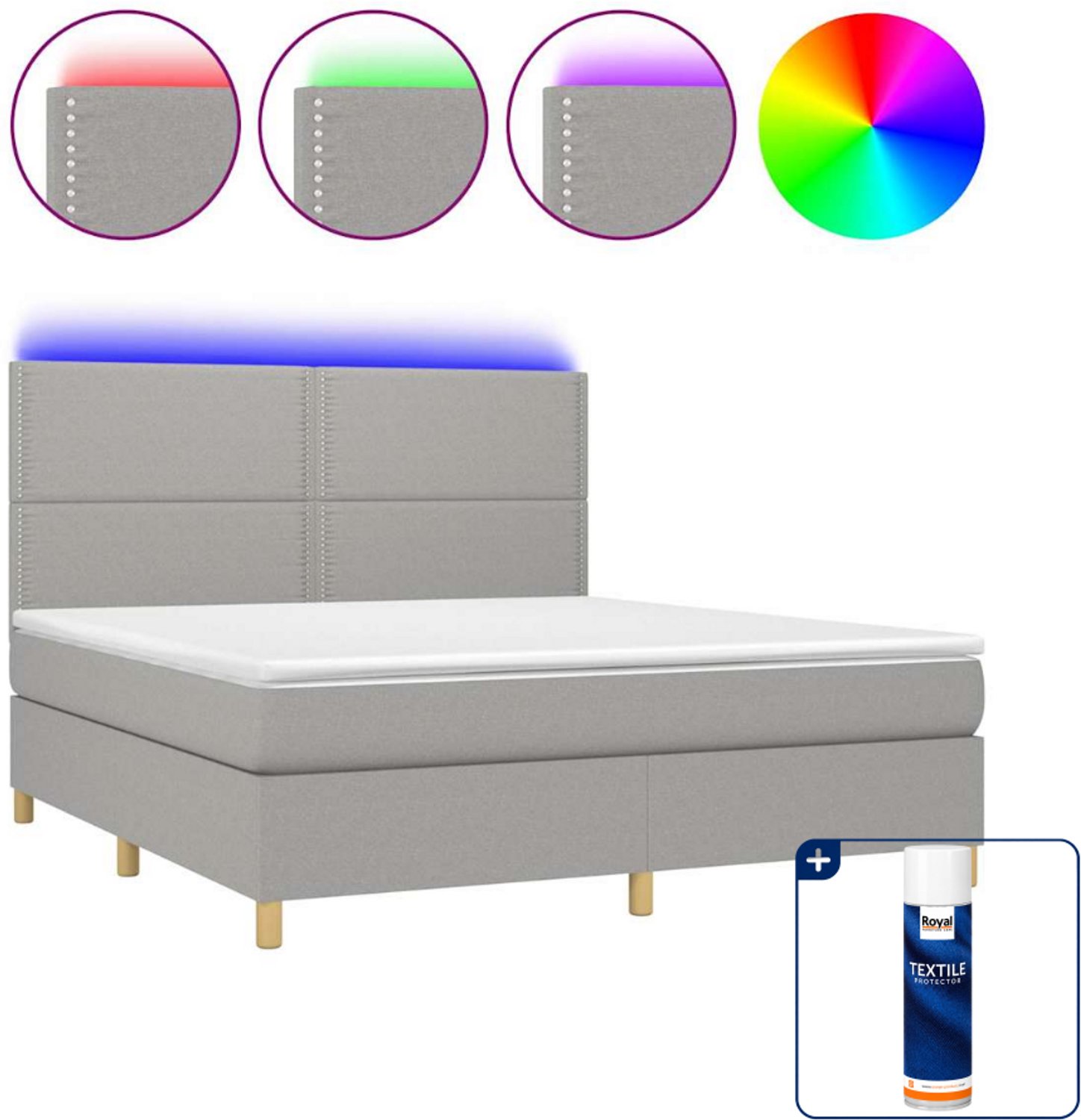 vidaXL boxspring met matras en LED - Kingsize - 180x200 cm - lichtgrijs - Inclusief textielbeschermer 500 ml