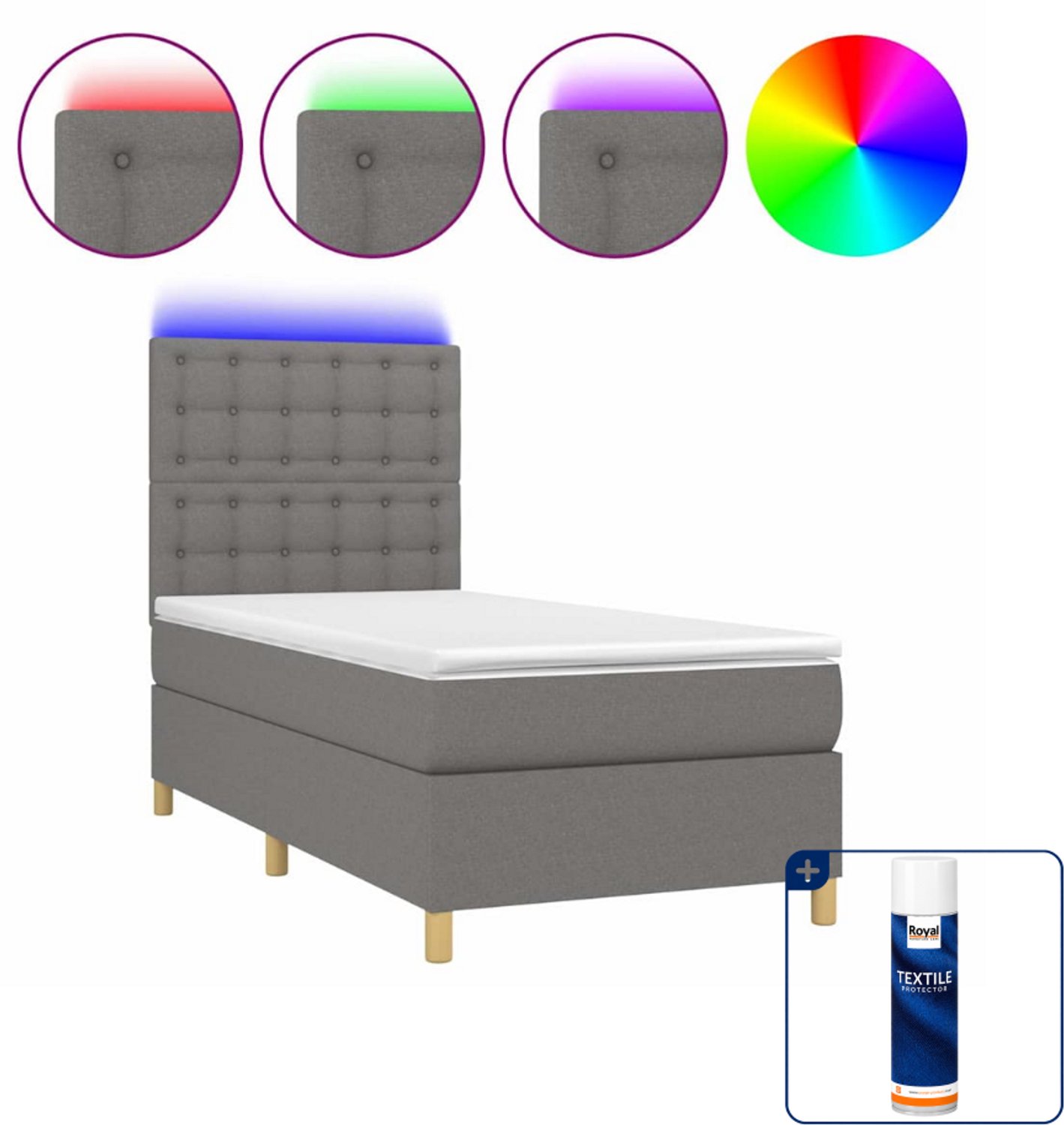 vidaXL boxspring met matras en LED - 90 x 200 cm - donkergrijs - Inclusief textielbeschermer 500 ml