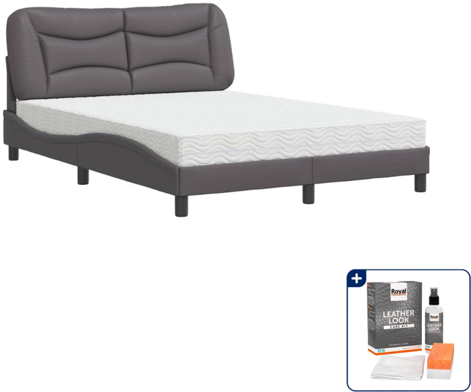 vidaXL Hvar bed met matras - 120 x 200 cm - kunstleer - grijs - Inclusief onderhoudsset voor kunstleer 150 ml Wit