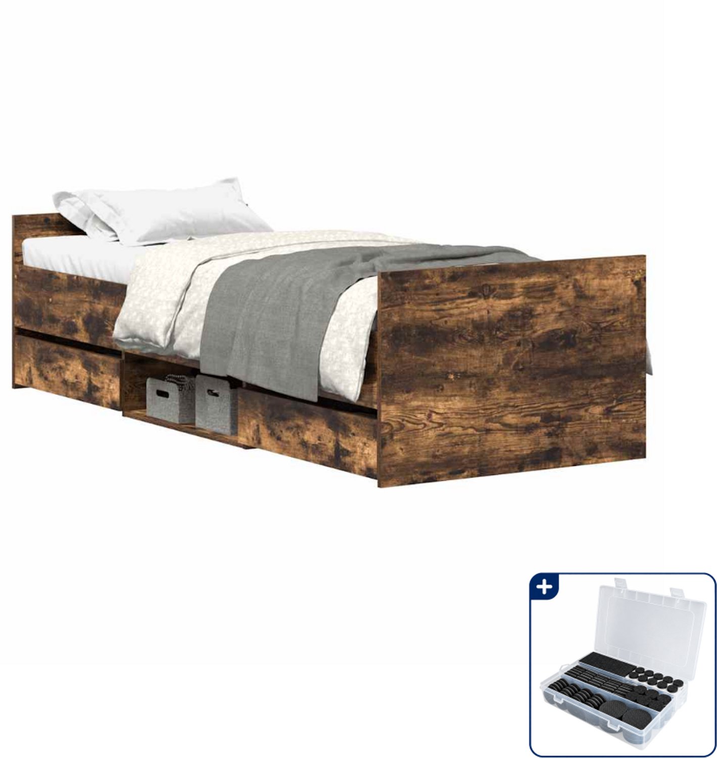 vidaXL bedframe 90 x 200 cm - bewerkt hout - gerookt eiken - Inclusief antikrasvilt 177-delig Grijs